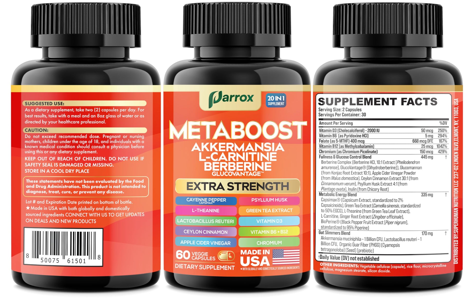 GLP-1 Booster Supplement, Akkermansia, L-Carnitine, Berberine (GlucoVantage), Methylfolate, Methylated B12, Chromium, Capsimax, Psyllium Husk, Probiotics Vitamins D3, B6, 20-in-1 Plant-Based (60 Caps) Parrox buy supplements canada