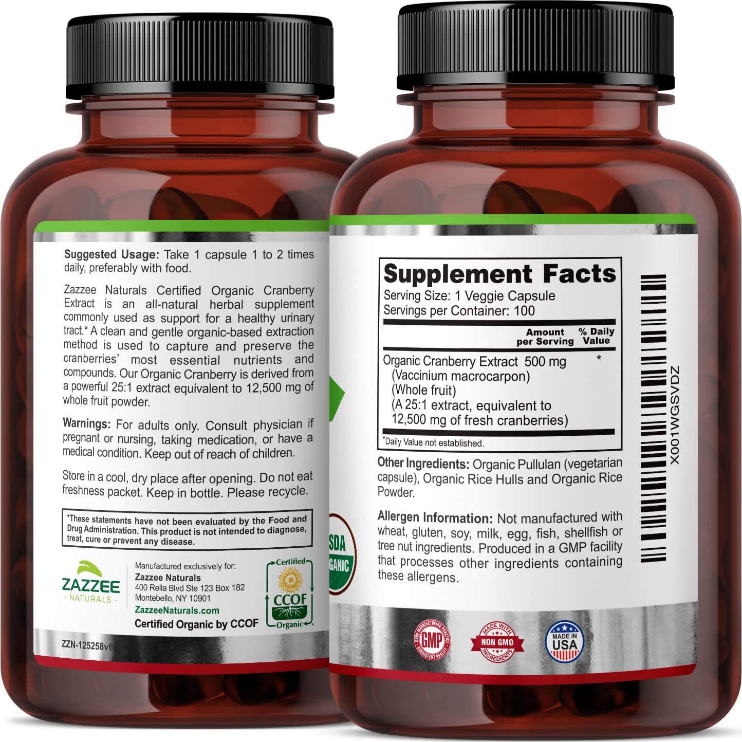 Zazzee USDA Organic Cranberry 25:1 Extract, 12,500 mg Strength, 100 Vegan Capsules Zazzee buy supplements canada