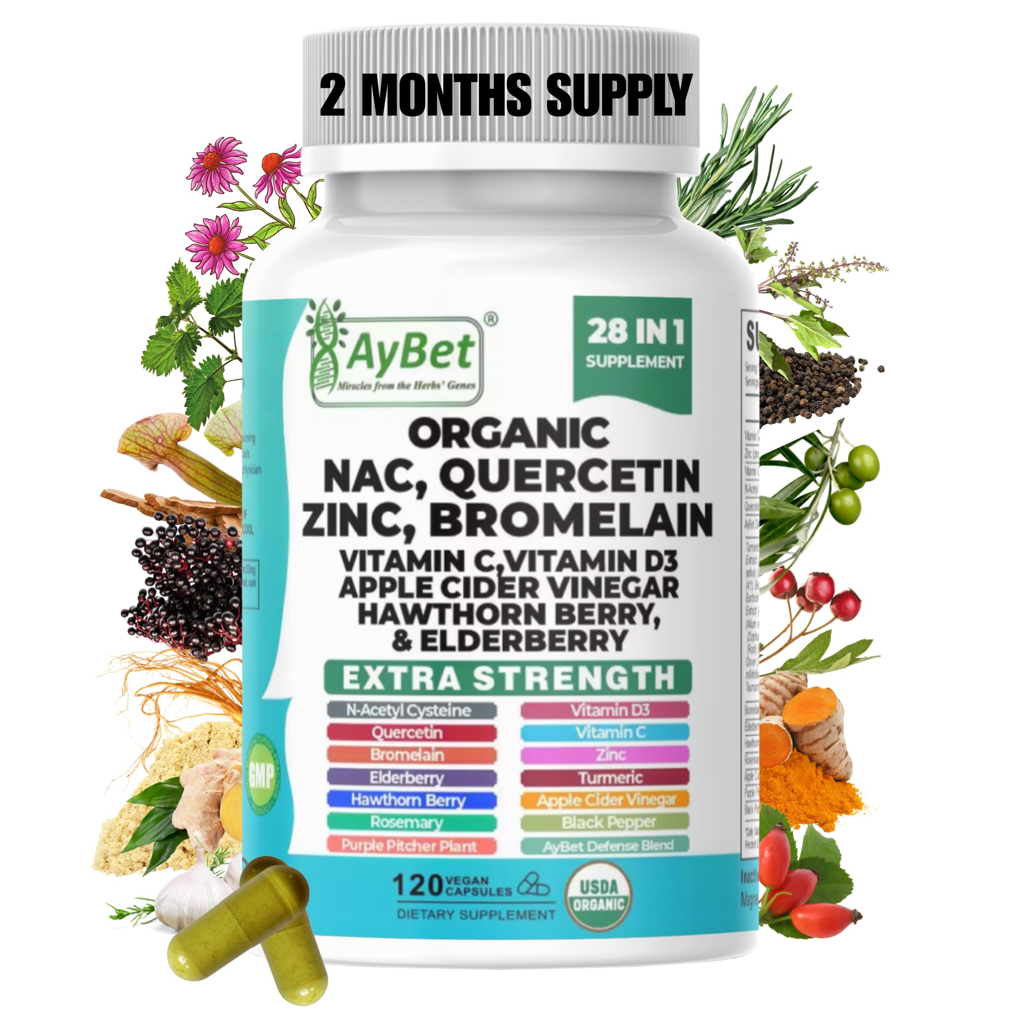 NAC-n-acetyl cysteine- Quercetin Zinc Bromelain Supplement | Extra Strength with Vit C, D3, Apple Cider Vinegar, Elderberry, Hawthorn Berry, Turmeric | Immune Support|120 Vegan Capsules | USDA Organic AyBet buy supplements canada