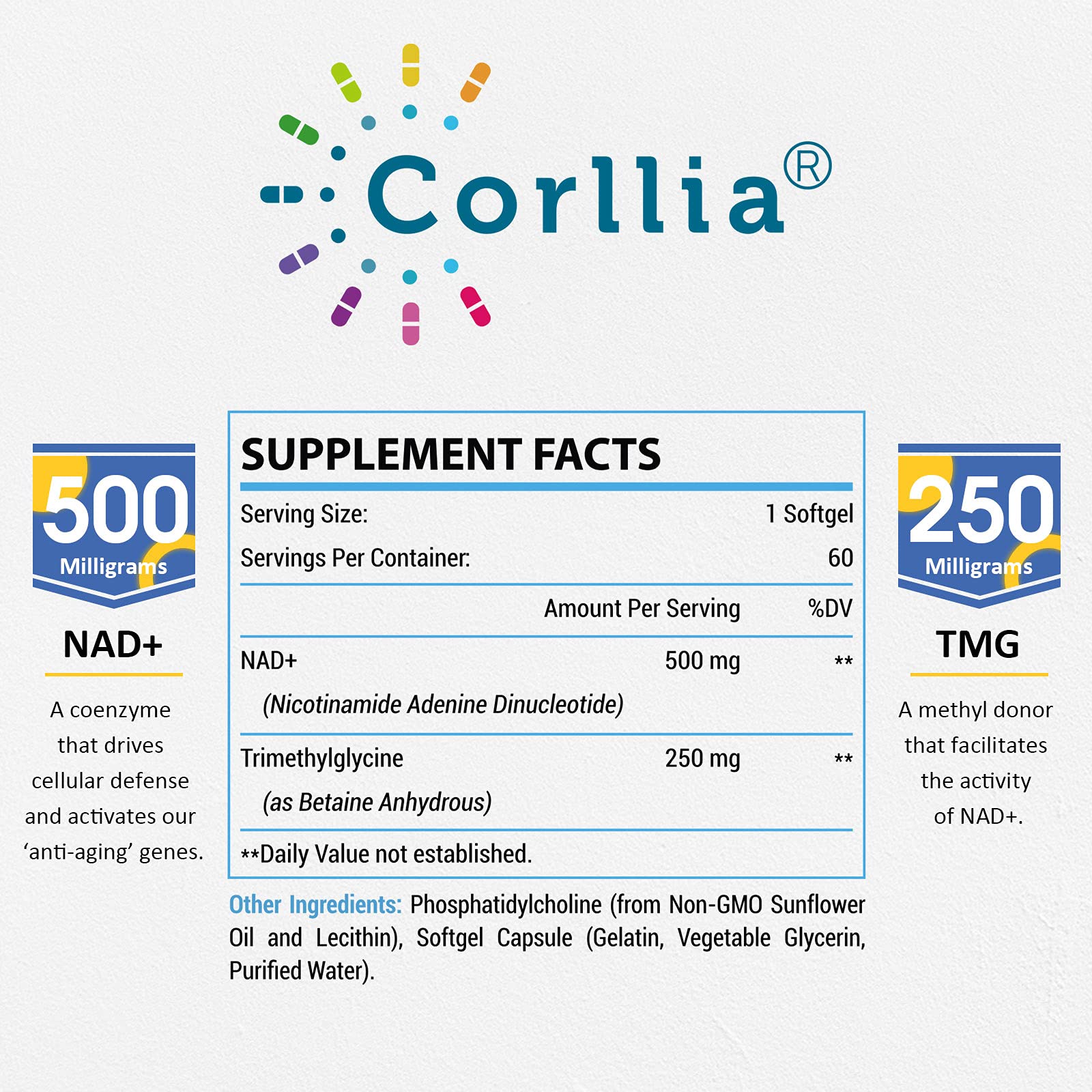 Liposomal NAD+ 500mg with TMG 250mg Softgels, Nicotinamide Riboside Alternative, Actual NAD+ Supplement, 120 Servings Corllia buy supplements canada