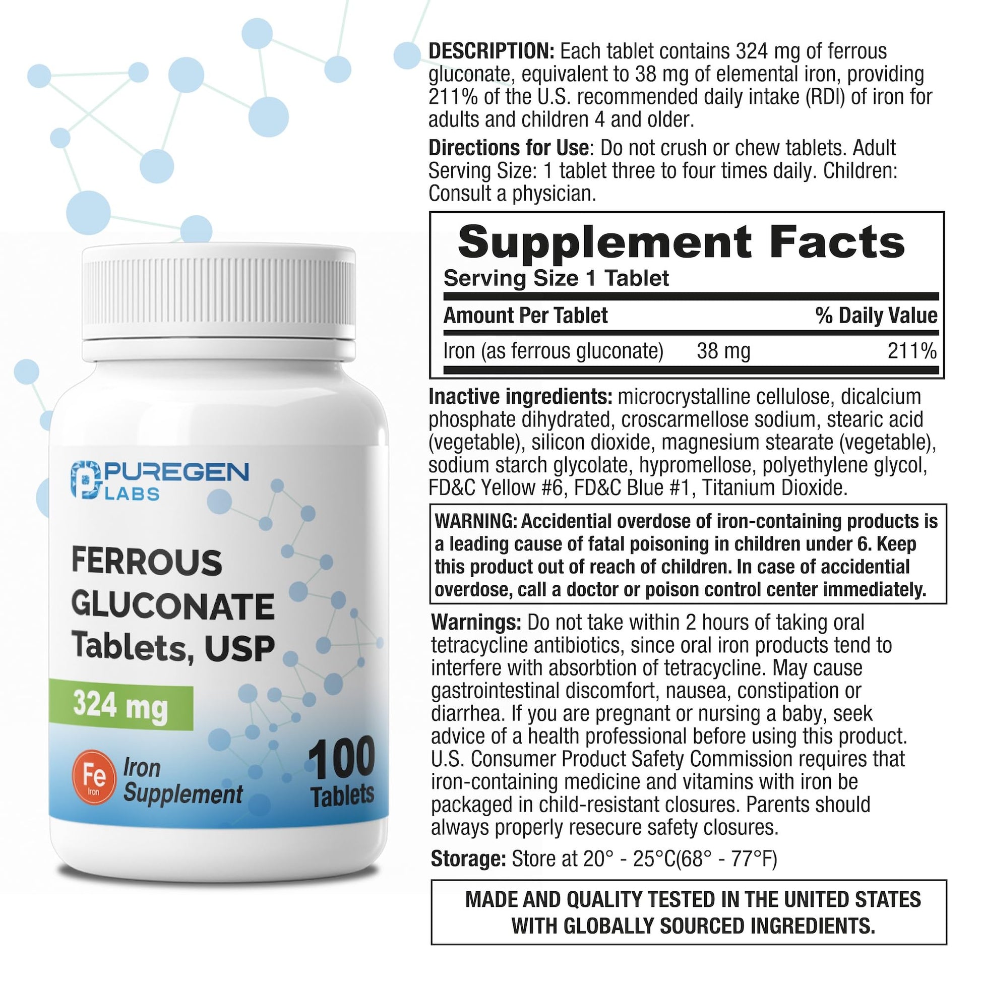 Puregen Labs Ferrous Gluconate 324 mg [High Potency] Iron Supplement, Gentle on Stomach - 100 Tablets P Puregen Labs buy supplements canada