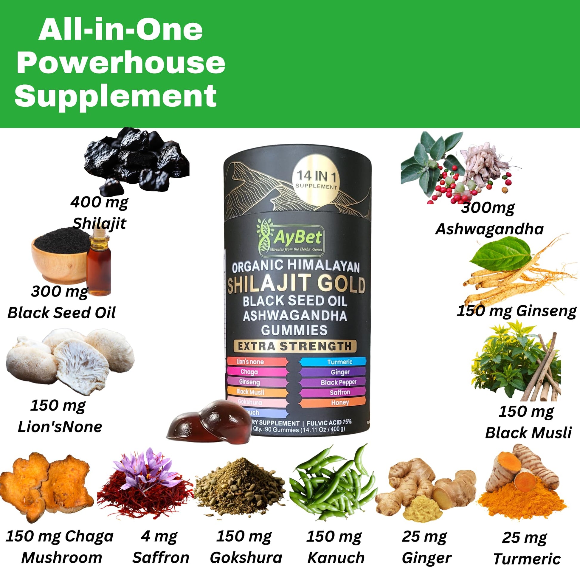 AyBet Organic Himalayan Shilajit Gold Gummies for Men and Women, Black Seed Oil, Ashwagandha, Ginseng, Turmeric, Gokshura, Lion's None, Lab Tested,%75 Fulvic Acid, No Sugar Added, Halal, 90Gummy AyBet buy supplements canada