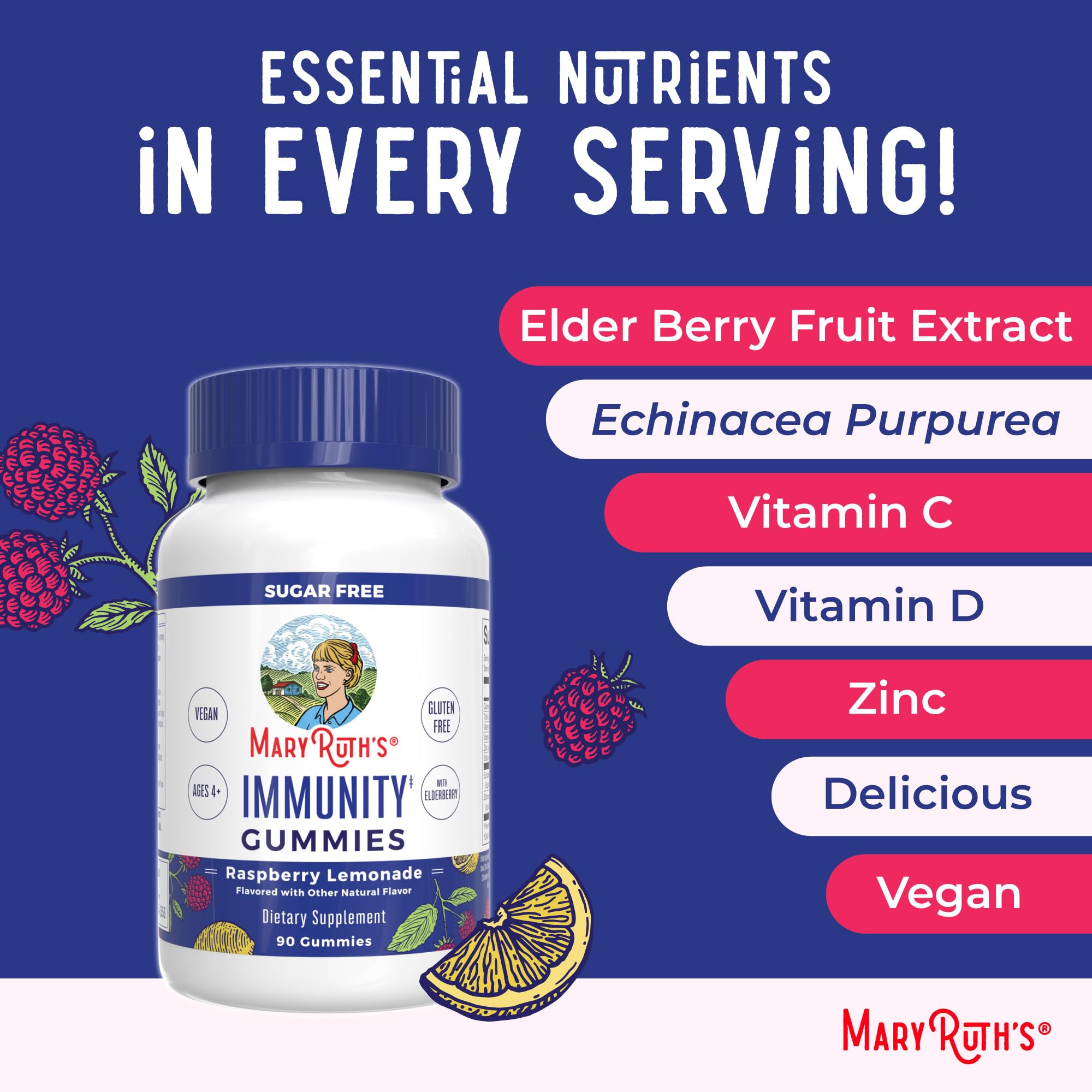 MaryRuth Organics Sugar Free Immunity Gummies | Powerful Blend | Elderberry Vitamin C & Zinc | Vitamin D3 & Echinacea | Immune Support Supplement | Gummies for Kids & Adults | Vegan | Non GMO | 90ct MARYRUTH'S buy supplements canada