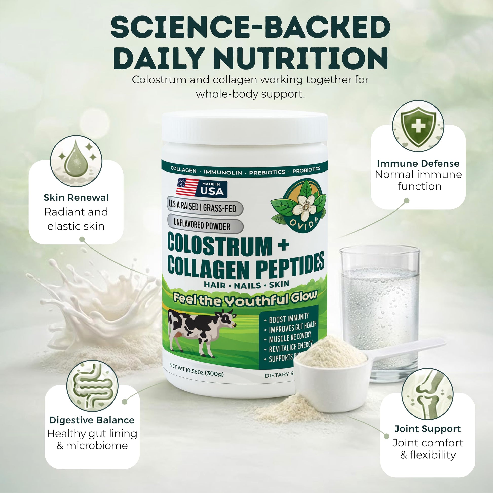 Bovine Colostrum and Hydrolyzed Collagen Peptides Powder Supplement for Women & Men - Supports Gut Health, Joint & Bone Health, Hair Skin Nails - Grass-Fed, Non-GMO, Gluten Free, 300g (30 Servings) OVIDA buy supplements canada
