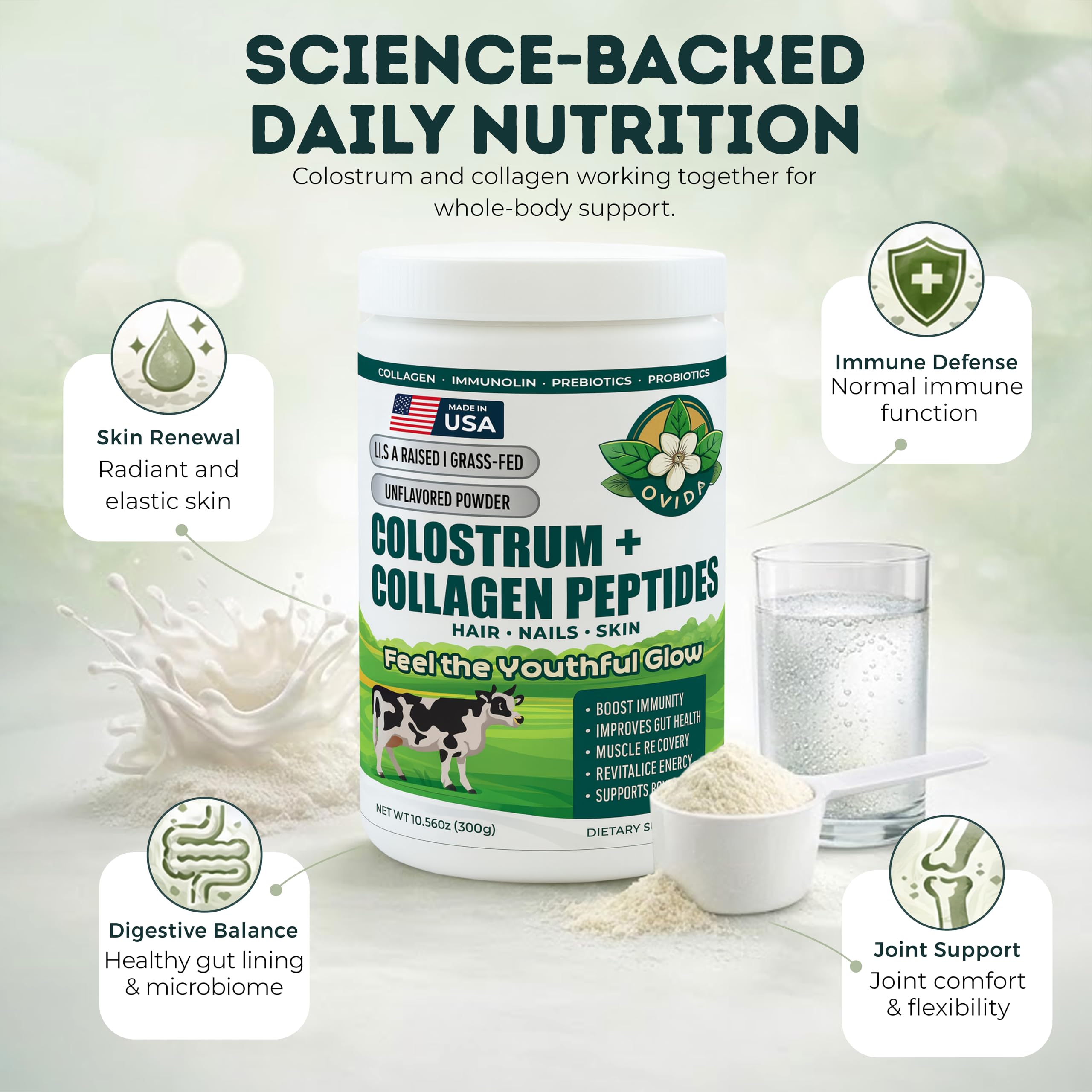 Bovine Colostrum and Hydrolyzed Collagen Peptides Powder Supplement for Women & Men - Supports Gut Health, Joint & Bone Health, Hair Skin Nails - Grass-Fed, Non-GMO, Gluten Free, 300g (30 Servings) OVIDA buy supplements canada