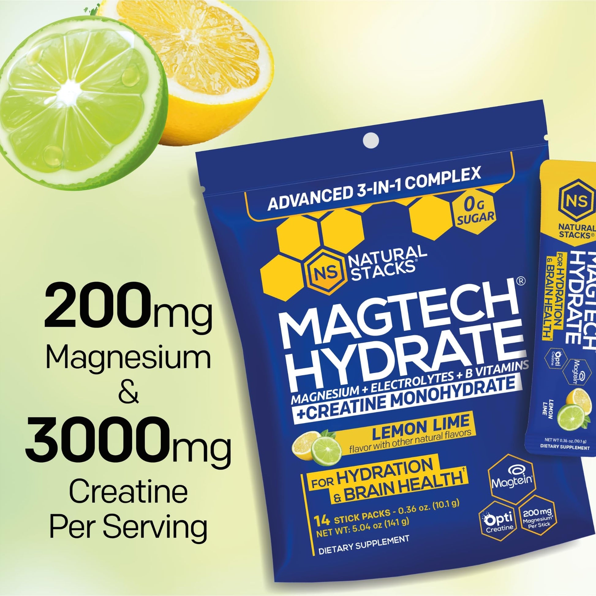 NATURAL STACKS Magtech Magnesium Hydrate + Creatine - Sugar Free Electrolyte Drink - Magtein Magnesium L-Threonate, Glycinate & Taurate - Supports Hydration & Cellular Energy - 14 Hydration Packets NATURAL STACKS buy supplements canada