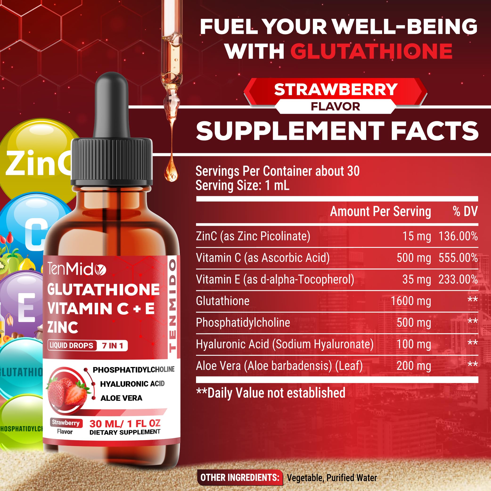 Tenmido Liposomal Glutathione Supplement - 7in1 Liquid Drops with Zinc, Vitamin C, Vitamin E, Phosphatidylcholine, Hyaluronic Acid, and Aloe Vera - Vegan, Non-GMO - 30ml 1 Fl Oz Tenmido buy supplements canada