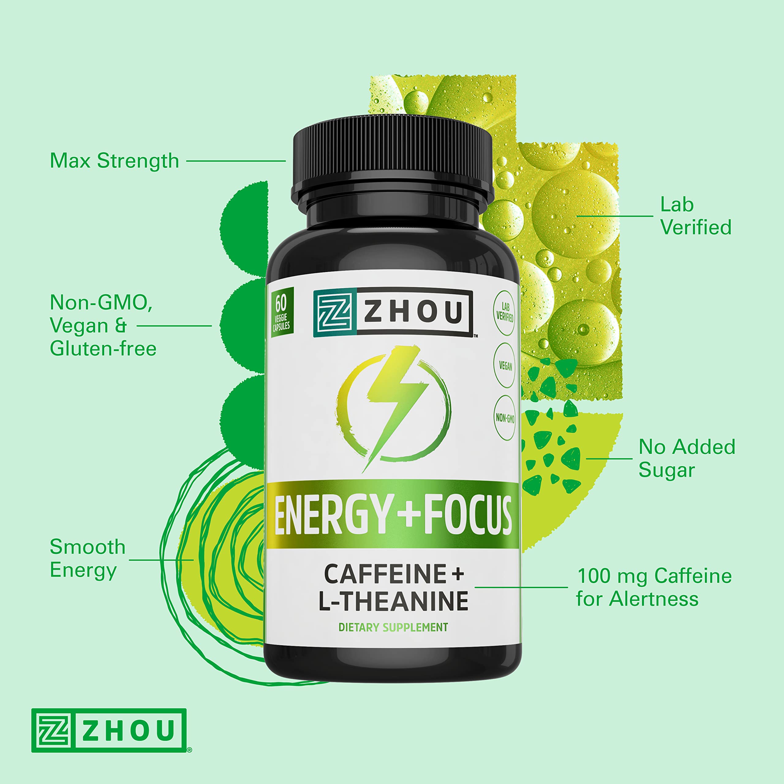 Zhou Energy + Focus - L Theanine Caffeine Pills, 200mg L-Theanine, 100mg Natural Anhydrous Caffeine Boost for Adults, Men & Women, Slow Extended Release - 60 Vegetarian Capsules (Pack of 1) ZHOU buy supplements canada