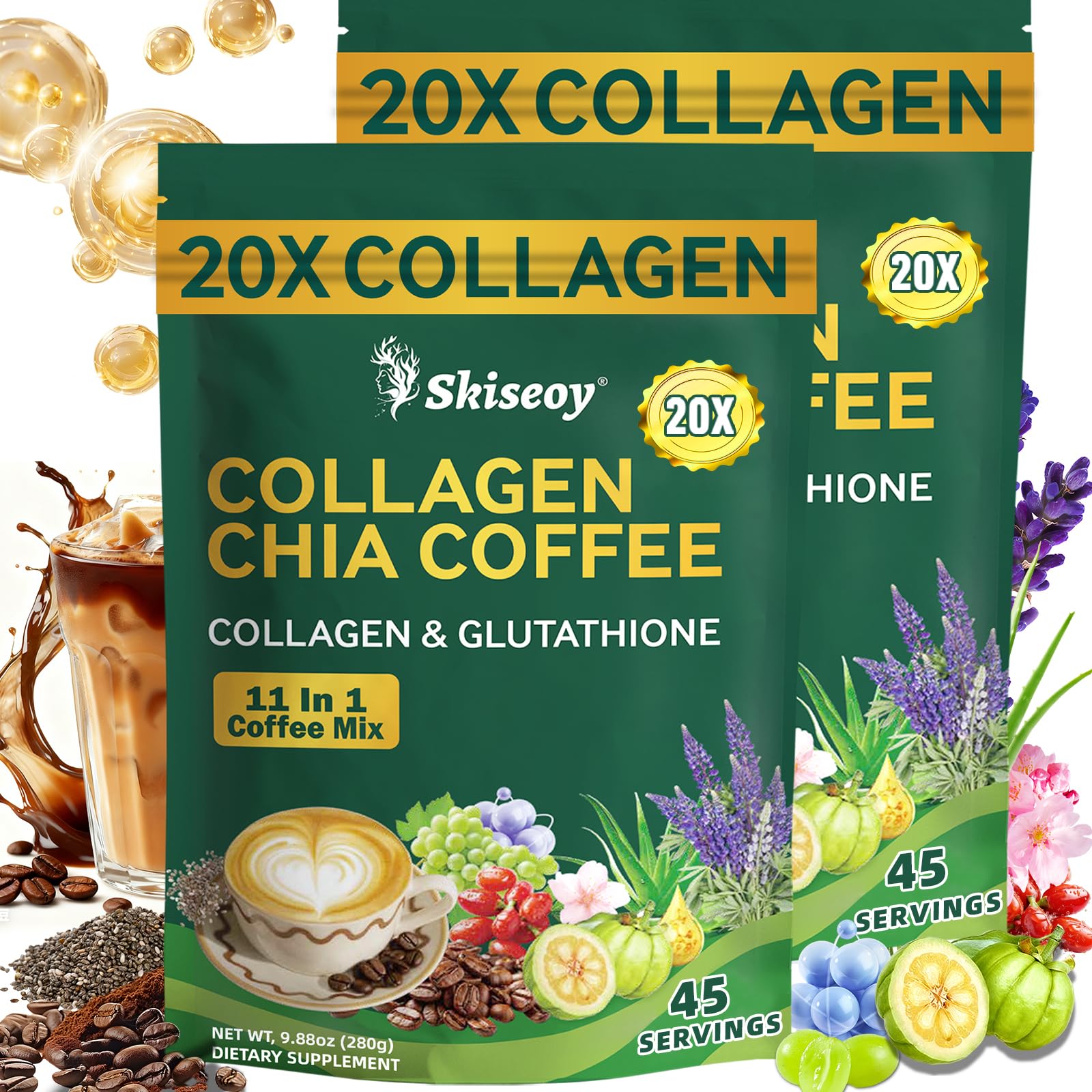 Skiseoy 20x Collagen Chia Coffee - 11-in-1 Coffee Shape Mix with L-Glutathione for Skin, Hair, Joints - Boost Energy and Focus, Vegan Friendly, 45 Servings Skiseoy buy supplements canada