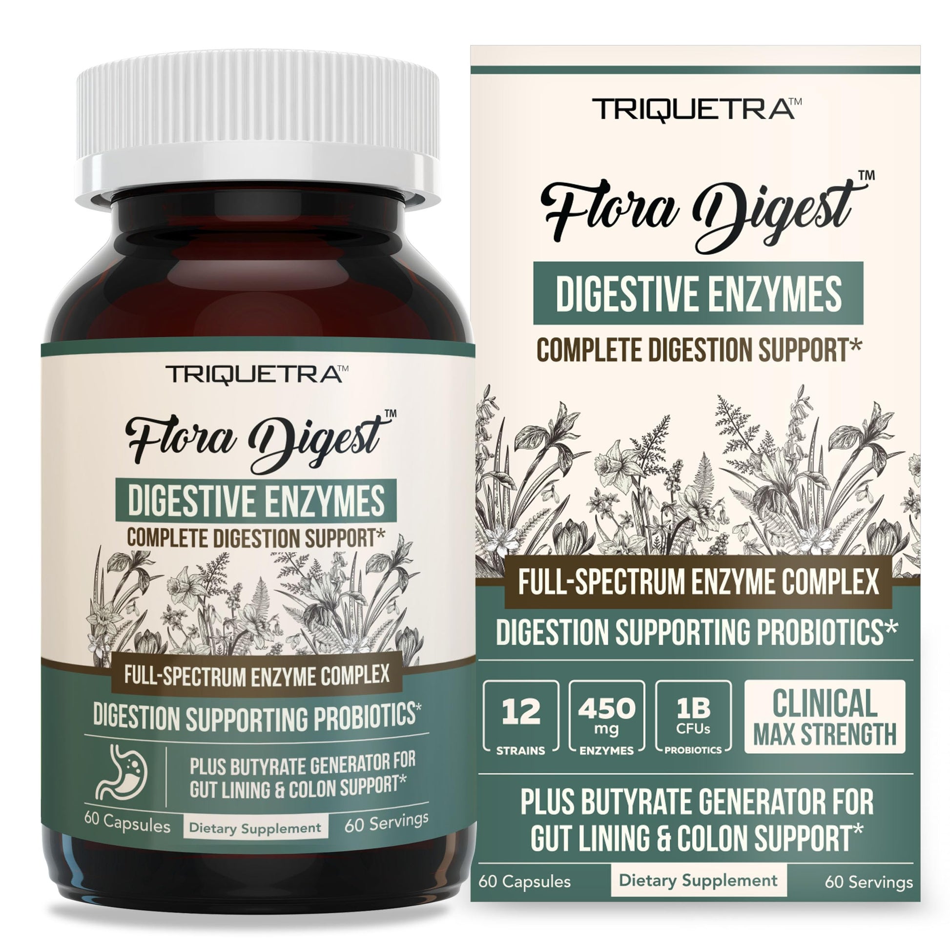 Flora Digest - 3-in-1 Max Strength Digestive Enzymes + Gut Surviving Probiotics & ButyraGen® Postbiotic for Optimal Digestion, Bloating Relief, Regularity, Gut Lining & Colon Support - (60 Capsules) Triquetra Health buy supplements canada