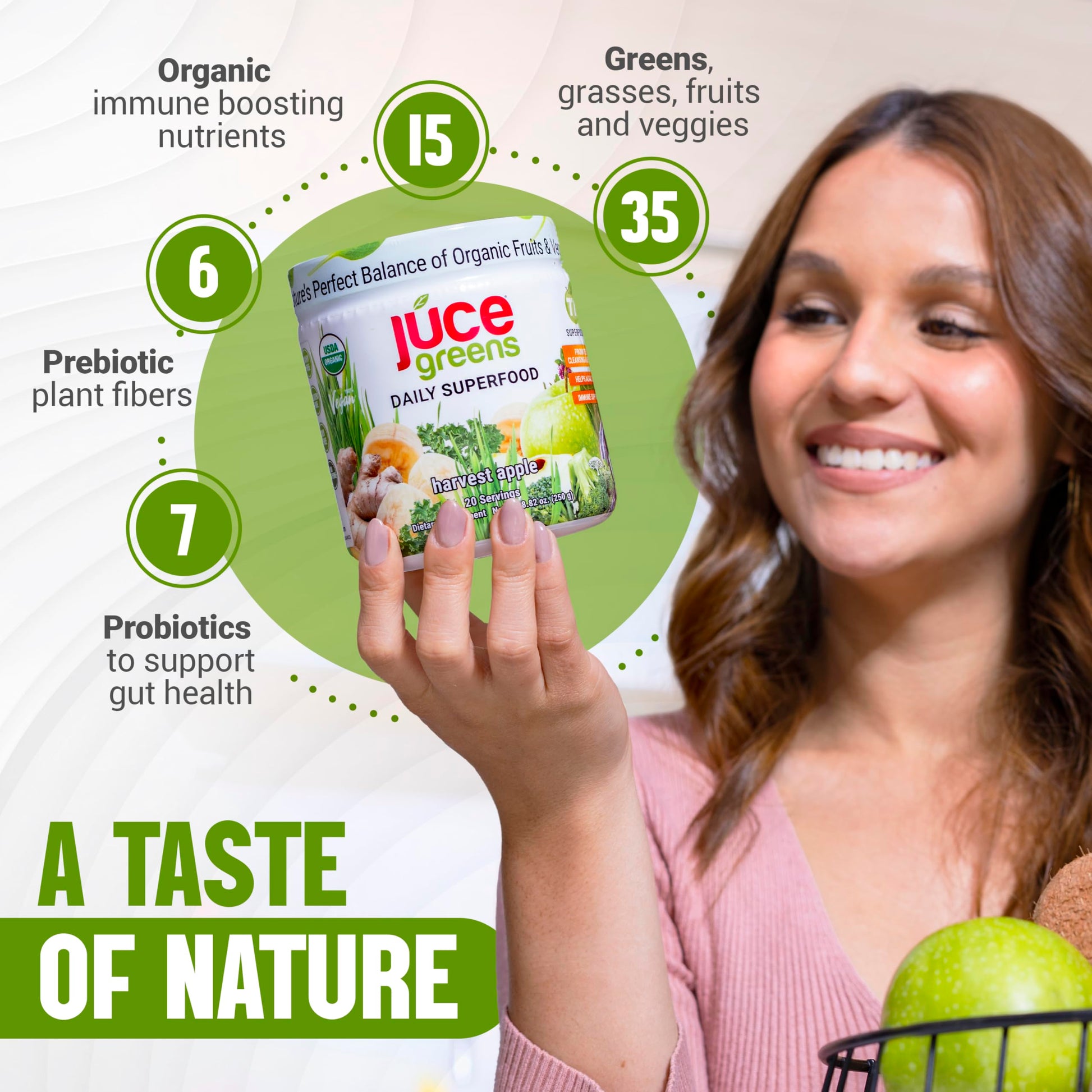 Terra Kai Organics JUCE Green Superfood Powder, Organic Fruits and Veggies Supplement W/ 77 Superfoods Plus Prebiotic Probiotic Blend, Harvest Apple Flavor - 20 Servings (250 g) Terra Kai Organics buy supplements canada