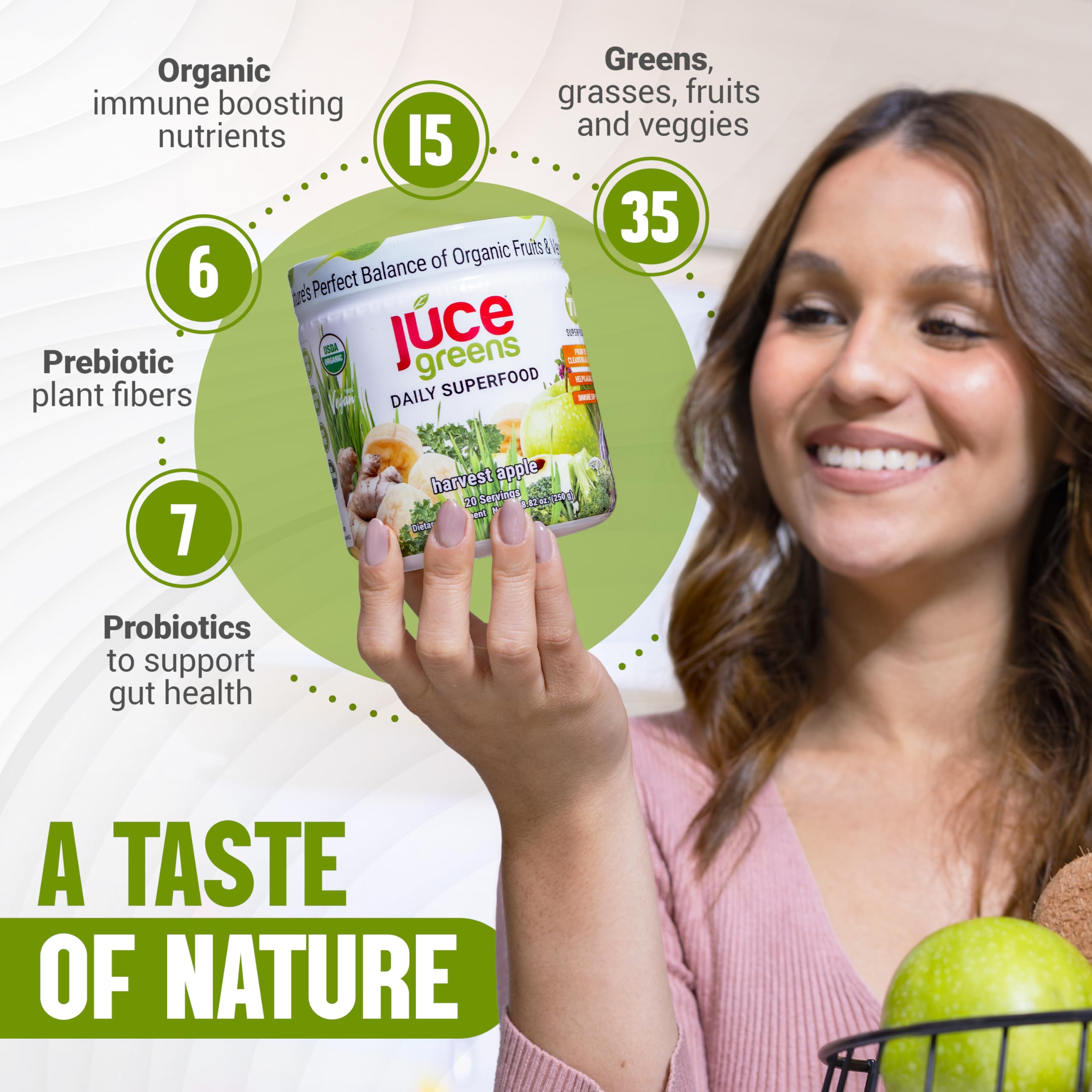 Terra Kai Organics JUCE Green Superfood Powder, Organic Fruits and Veggies Supplement W/ 77 Superfoods Plus Prebiotic Probiotic Blend, Harvest Apple Flavor - 20 Servings (250 g) Terra Kai Organics buy supplements canada