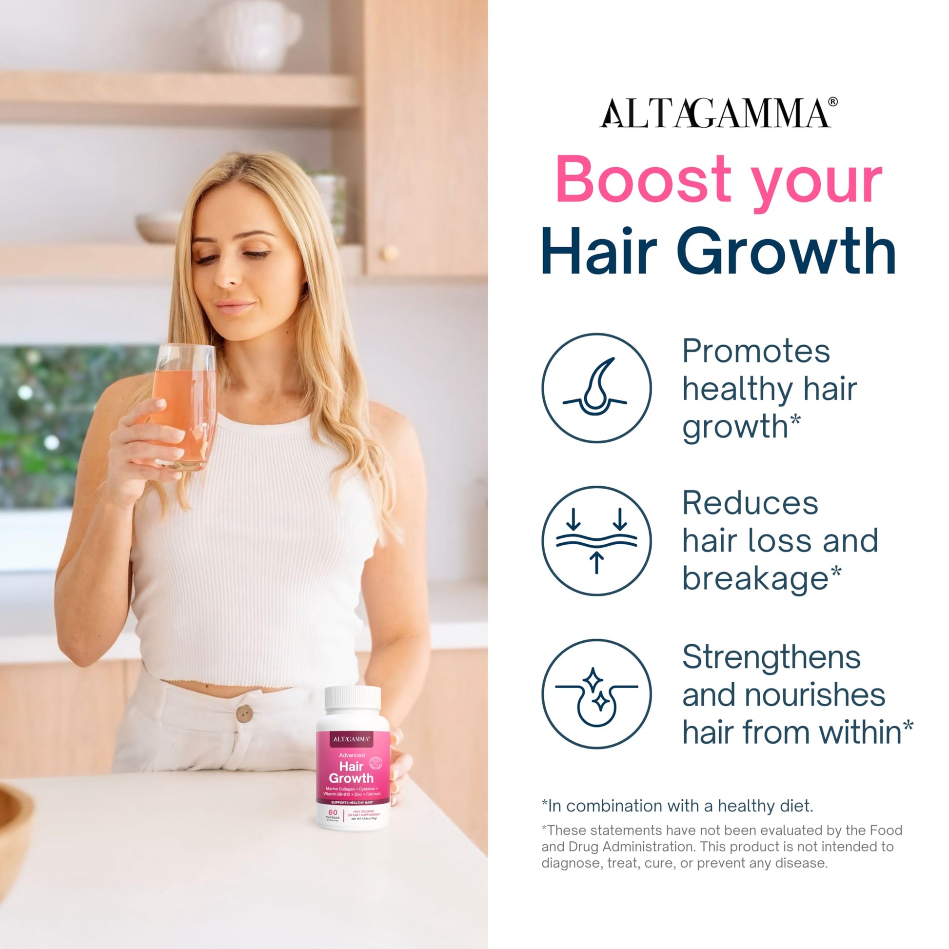 ALTAGAMMA Hair Growth Supplements - Nourishes Thinning, Strengthen Nails & Skin & Combat Hair Loss - Hair Growth Vitamins for Women & Men with Marine Collagen Peptides, 60 Capsules | 30 Day Supply ALTAGAMMA buy supplements canada