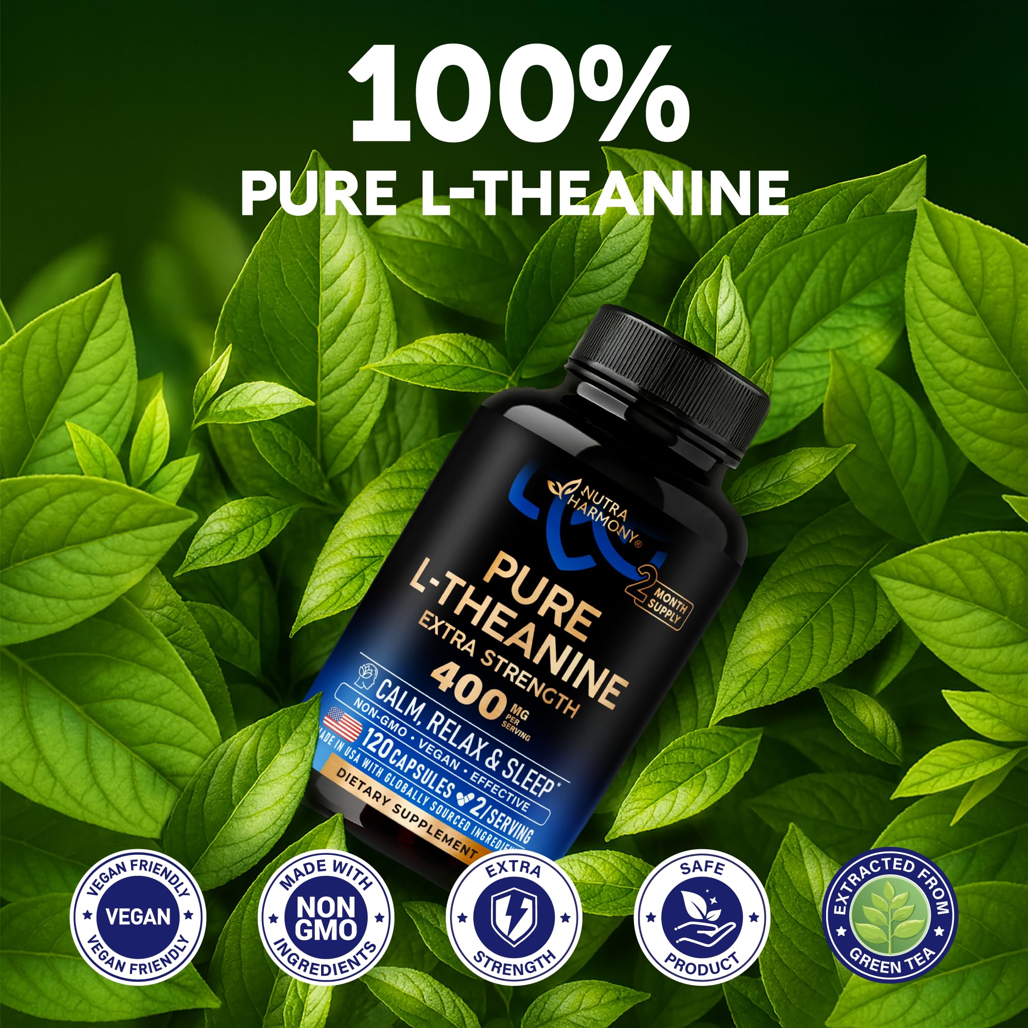 L Theanine 400 mg | L-Theanine Stress Relief | Extra Strength Supplement | Made in USA | Relaxation, Sleep & Calm Support | For Men & Women | Plant Based NUTRAHARMONY buy supplements canada