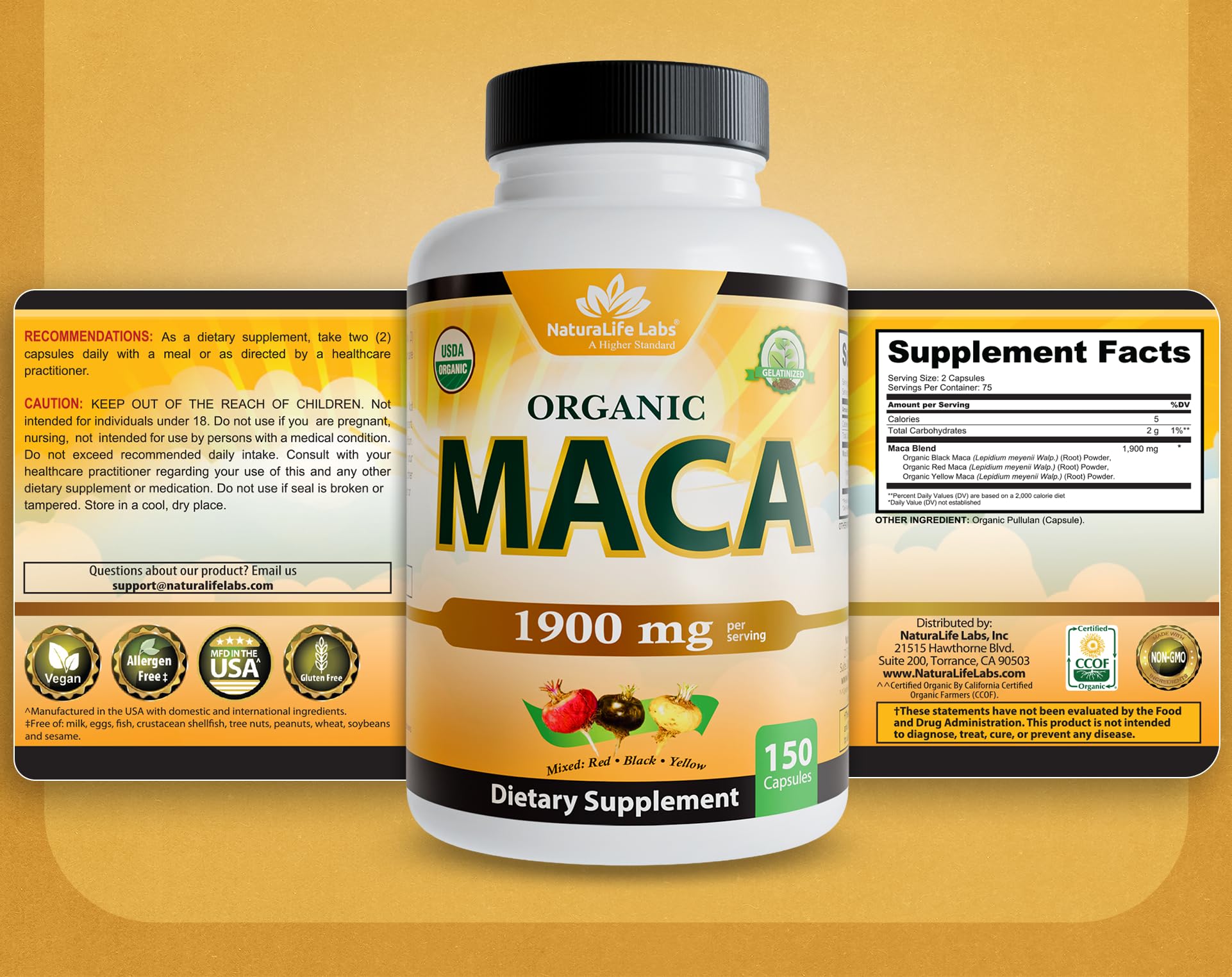 NaturaLife Labs Organic Maca Root – Black, Red & Yellow – 1900 mg per Serving – 150 Capsules – Gelatinized Peruvian Maca NaturaLife Labs buy supplements canada