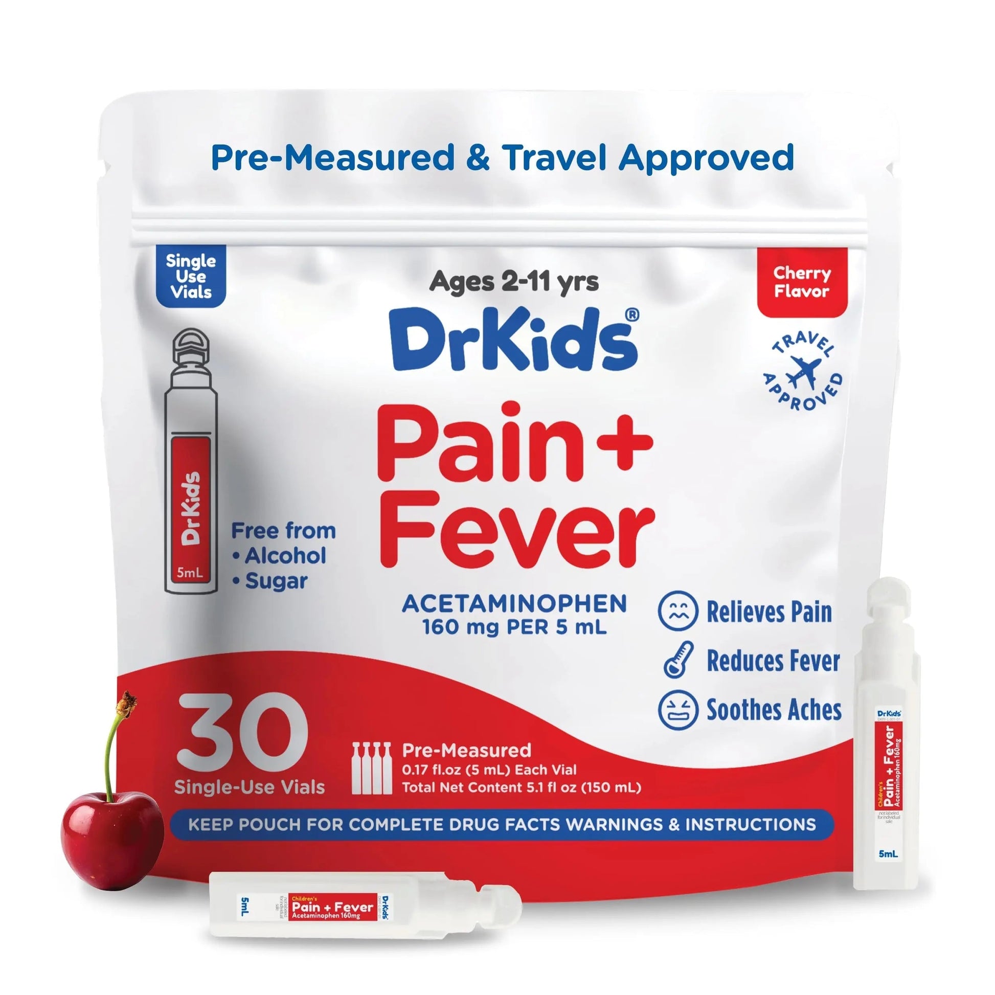 Dr. Kids Children’s Pain and Fever Medicine - Acetaminophen for Kids Ages 2-11, Pre-Measured Single-Use Vials for Headache, Sore Throat, Cold and Flu, Cherry Flavor, 30 Count Dr. Kids buy supplements canada
