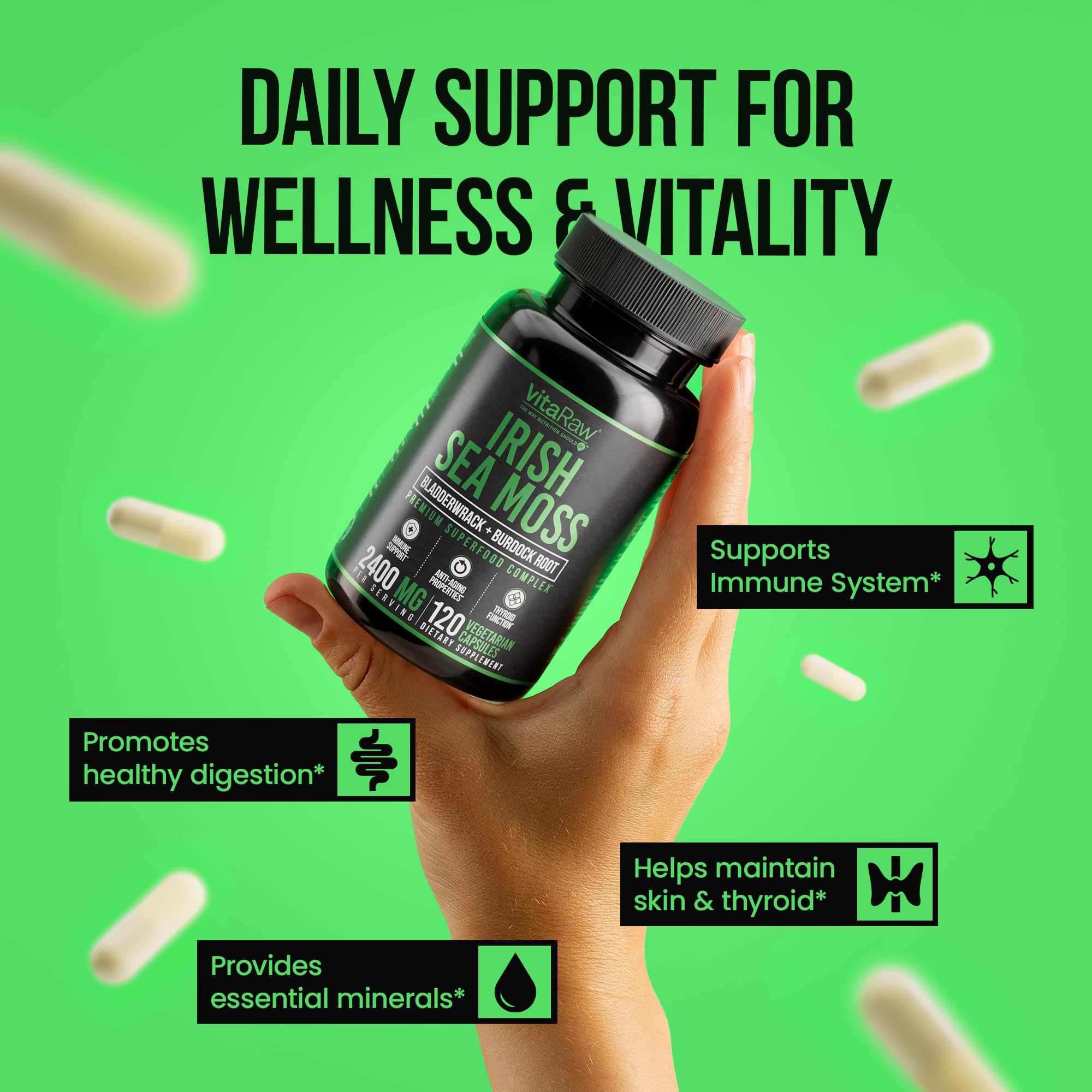 VitaRaw Organic Irish Sea Moss Capsules 2400 mg - Burdock Root and Bladderwrack Powder Real Seamoss Pills for Immune Support, Joint and Gut Health Help - Raw Sea Moss Advanced Herbal Supplement VitaRaw buy supplements canada