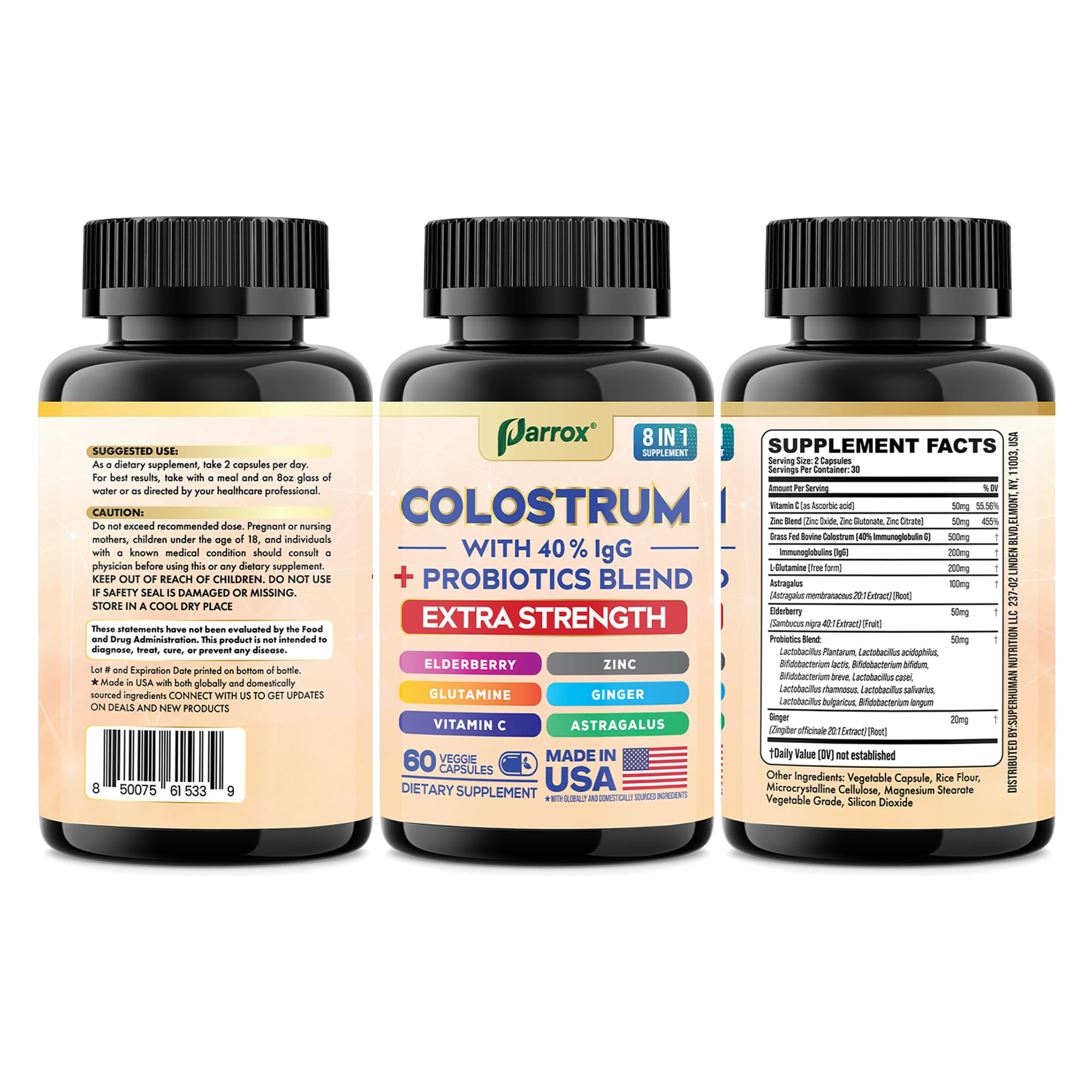 Parrox Colostrum Supplement Capsules, Grass Fed Cow Colostrum with 40% IgG, Probiotics Blend, Elderberry, Astragalus, Zinc, Ginger, Vitamin C, L-Glutamine, 8 in 1 Extra Strength Bovine Boost (60 Caps) Parrox buy supplements canada