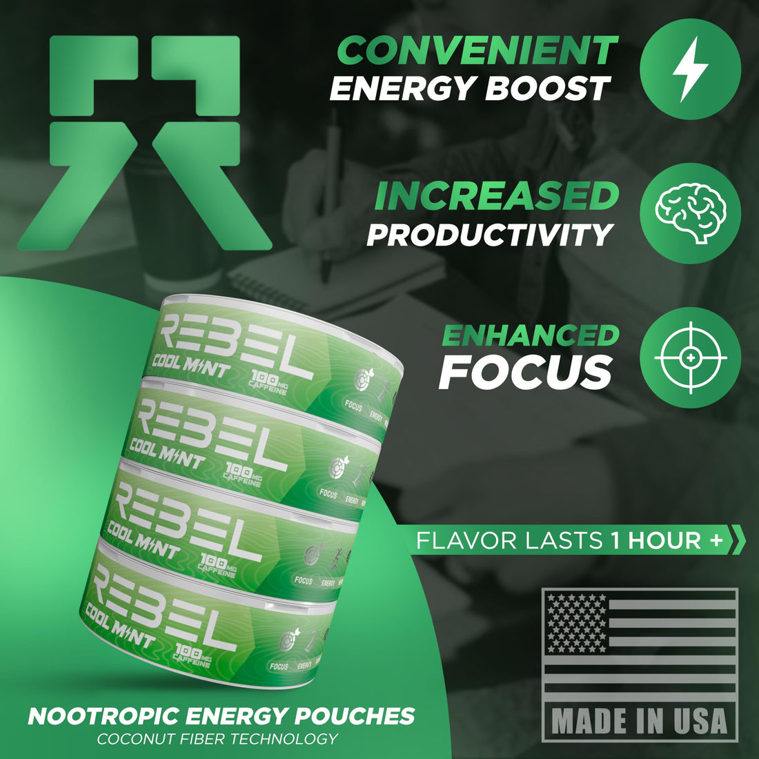 Rebel Nootropic Energy Caffeine Pouches (Cool Mint) • 100mg Caffeine • Alpha GPC • Huperzine A & Essential Vitamins • Sugar-Free • Coconut Fiber Technology • 15 Pouches Per Can (Pack of 4) Rebel Supplements buy supplements canada