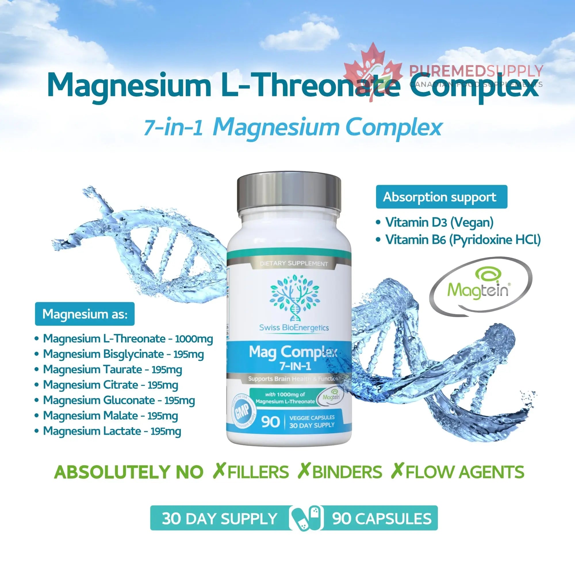 Magnesium L-Threonate Complex 7-in-1 with 1000mg of Magtein Plus Magnesium as Bisglycinate, Taurate, Citrate, Gluconate, Malate & Lactate - Supports Sleep - Vegan, US Made and No Artificial Nasties swiss bioenergetics buy supplements canada