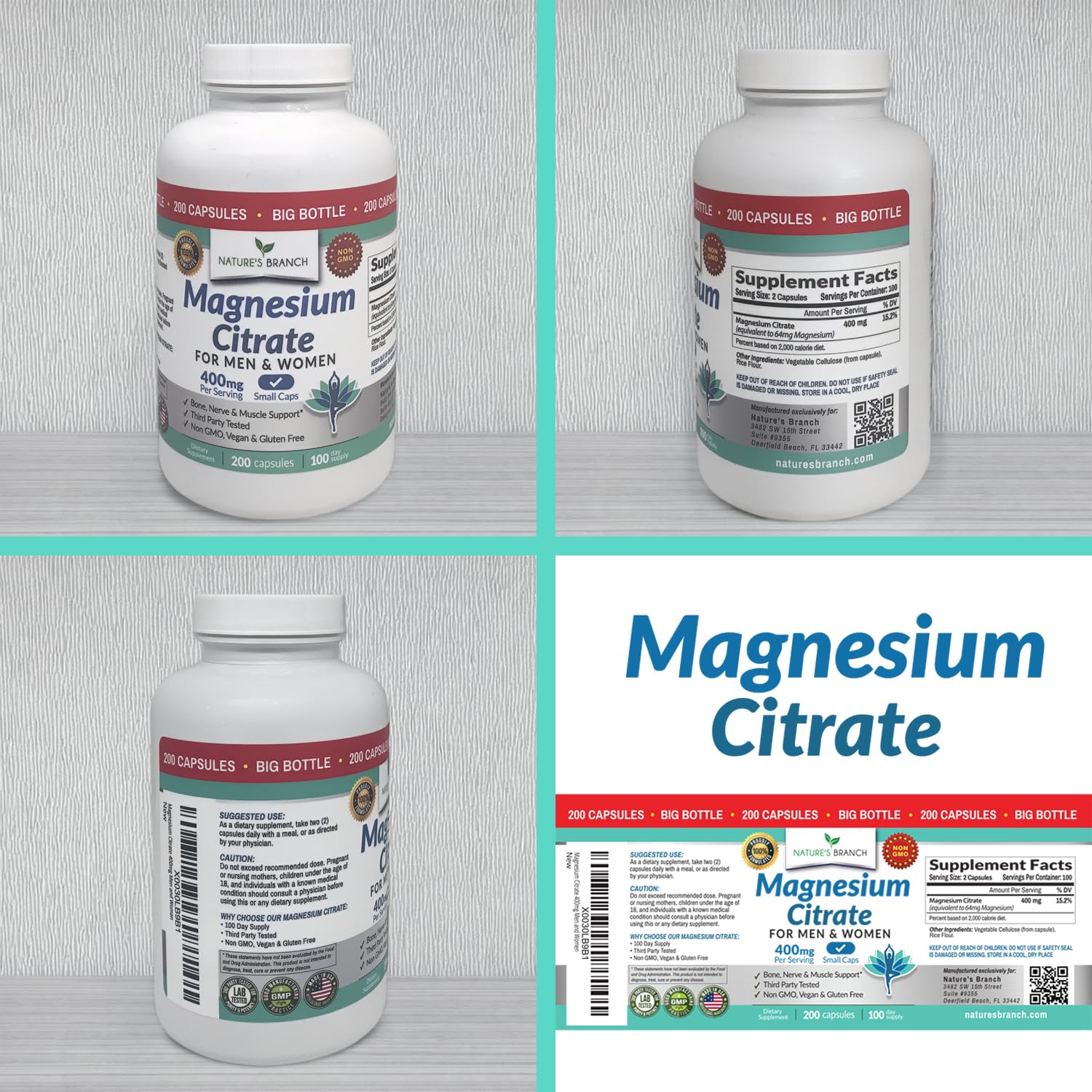 Magnesium Citrate 400mg | 200 Capsules, High Absorption for Sleep, Relax, Leg Cramps, Energy, Extra Strength Easy to Swallow Small Pills for Women & Men, Vegan Supplement for Digestion, Not Tablets NATURE'S BRANCH buy supplements canada
