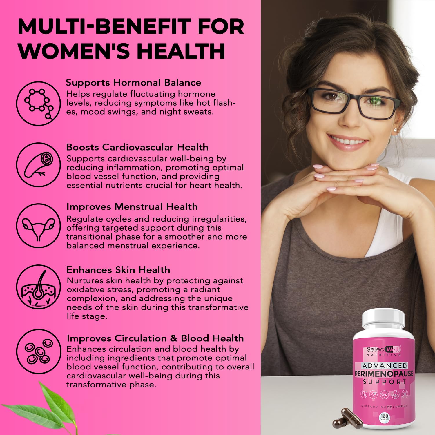 Perimenopause & Menopause Support Supplement for Women – Multi‑Symptom Relief with Black Cohosh & Red Clover Isoflavones | Ashwagandha Adaptogen & Herbal Blend | Hormone Balance Support | 120 Capsules SelecWell buy supplements canada