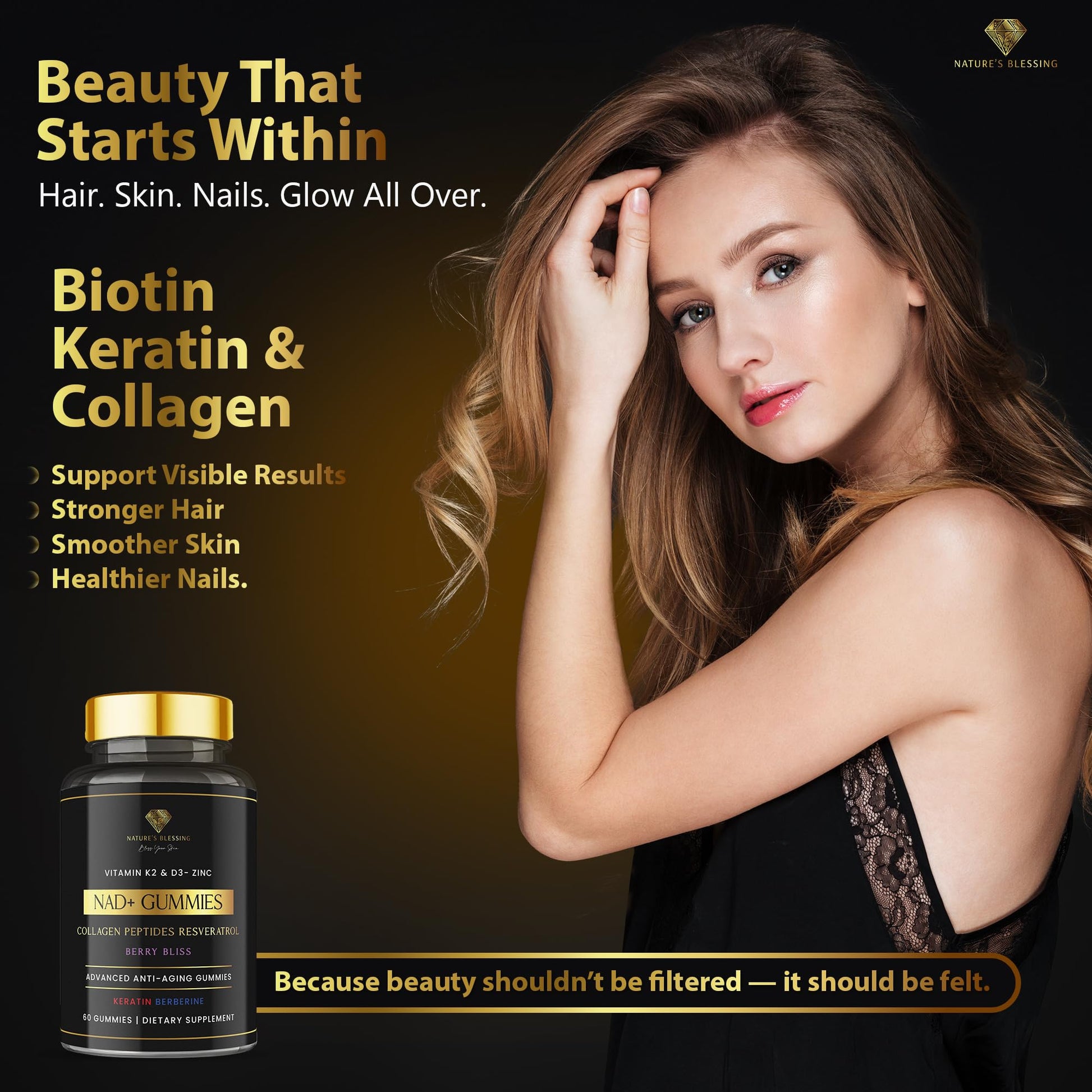 Nature's Blessing NAD+ Anti-Aging Gummies – Boost Cellular Repair, Brain Clarity & Radiant Skin – with Biotin, Collagen, Resveratrol, Vitamin D3, K2, Zinc & Keratin – Delicious Berry Bliss Nature's Blessing buy supplements canada
