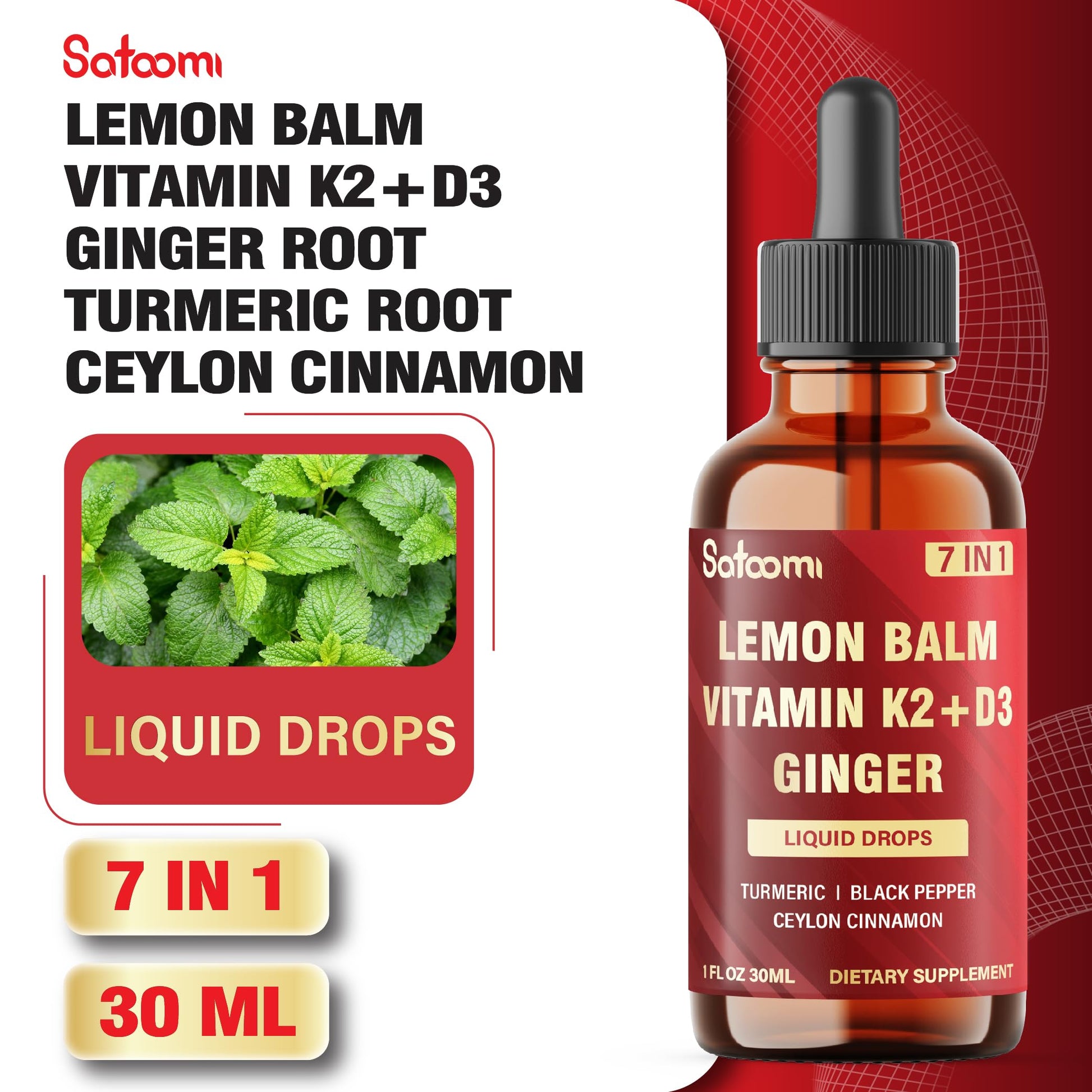 Satoomi 7in1 Lemon Balm Tincture with Vitamin D3, Vitamin K2, Ginger Root, Turmeric, Ceylon Cinnamon and Black Pepper - 1 FL Oz - 60 Day Supply Satoomi buy supplements canada
