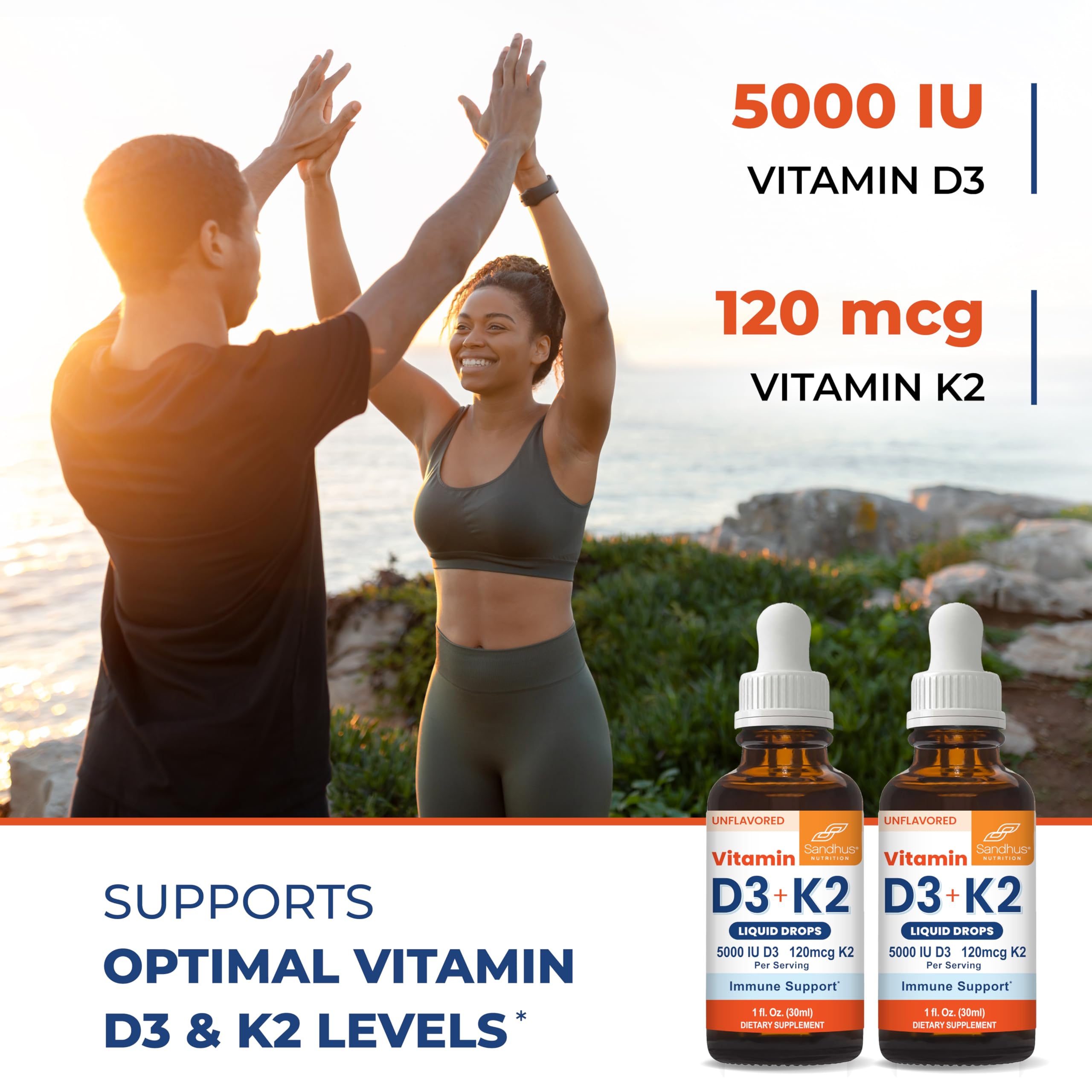 Sandhu's Vitamin D3 K2 Drops for Adults | 5000 IU D3 Liquid, 120mcg K2 Supplement 1 Fl Oz (Pack of 2) | D3K2 Supports Superior Absorption Sandhu's buy supplements canada