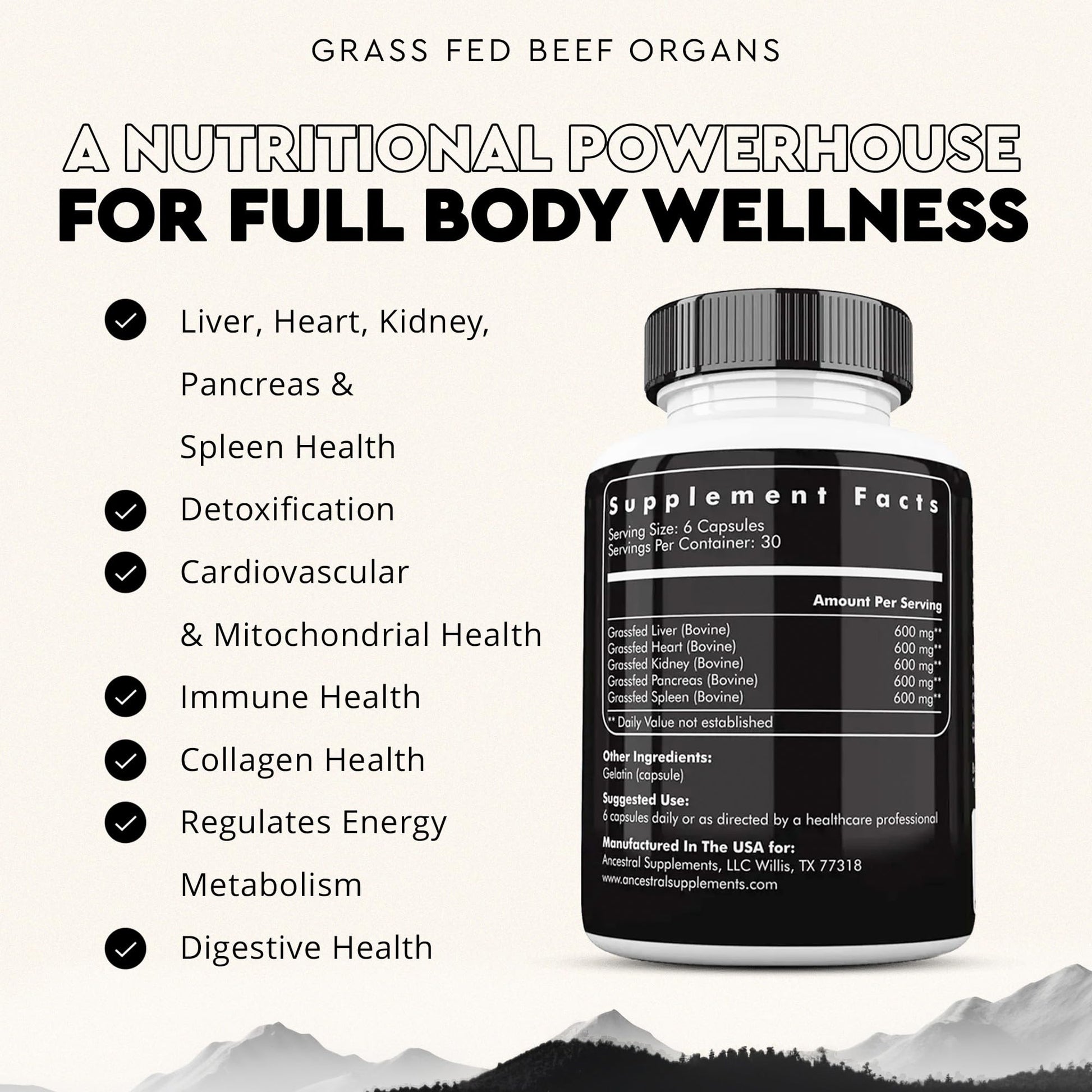 Ancestral Supplements Grass Fed Beef Organ Supplement, Supports Whole Body Wellness with Proprietary Blend of Liver, Heart, Kidney, Pancreas, Spleen, Freeze-Dried Beef, Non-GMO, 180 Capsules Ancestral Supplements buy supplements canada