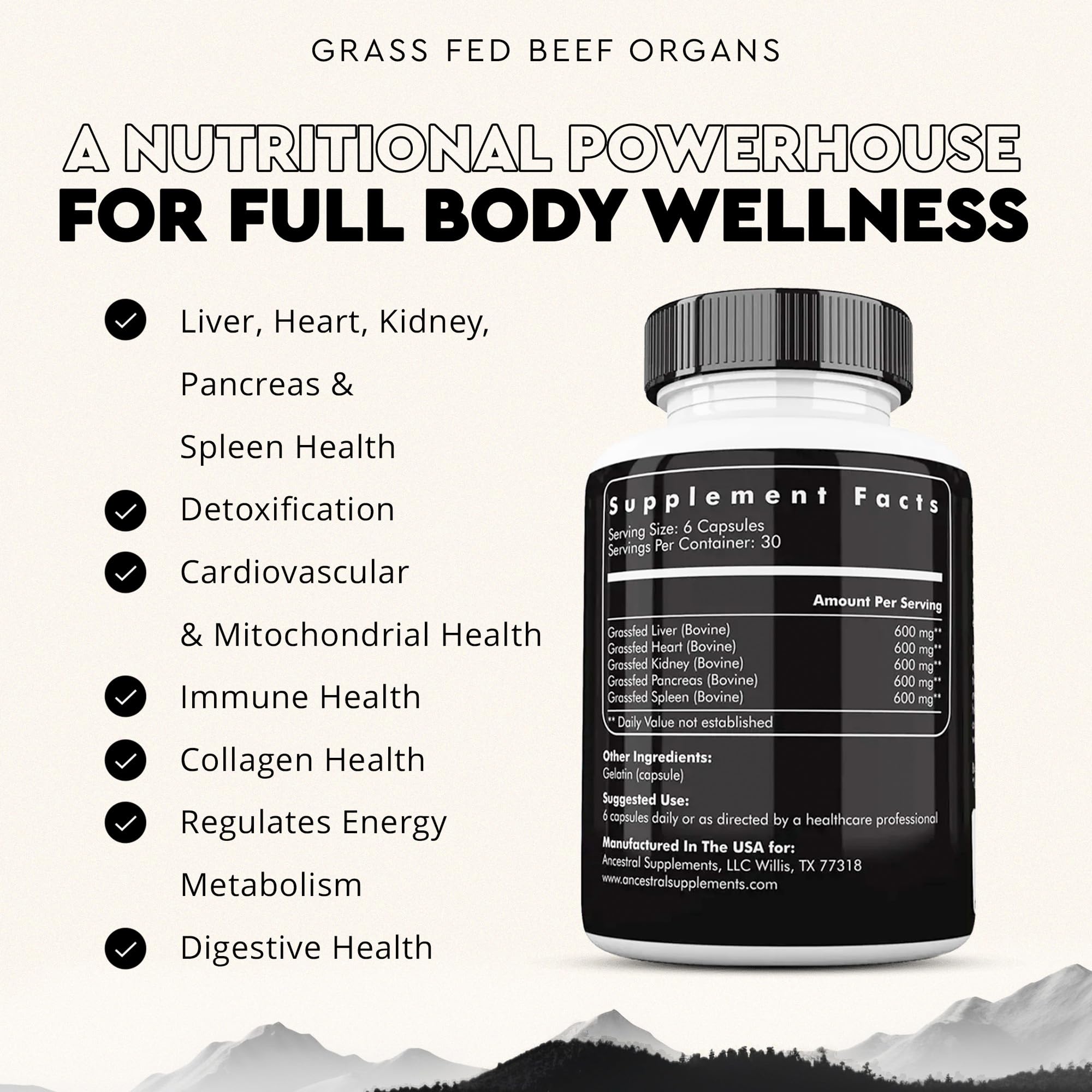 Ancestral Supplements Grass Fed Beef Organ Supplement, Supports Whole Body Wellness with Proprietary Blend of Liver, Heart, Kidney, Pancreas, Spleen, Freeze-Dried Beef, Non-GMO, 180 Capsules Ancestral Supplements buy supplements canada