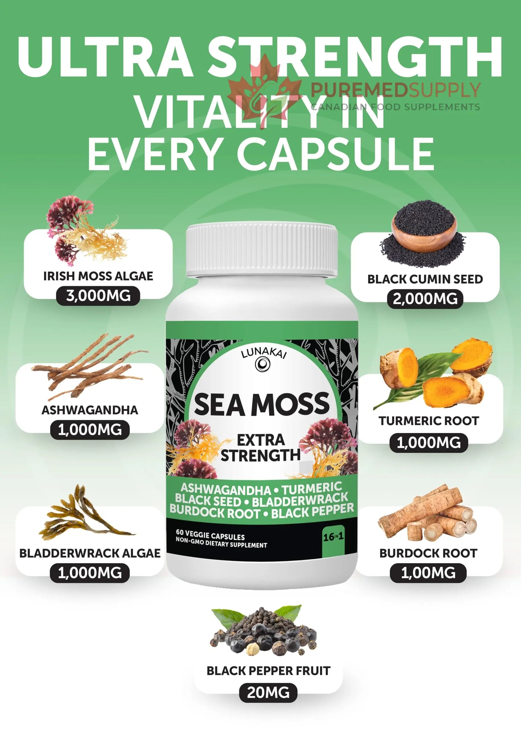 Lunakai USA Made Superfood Fruits & Veggies Supplement & Irish Sea Moss Bundle with 4 Blends, Black Seed Oil & Ashwagandha for Immune & Wellness Support Lunakai buy supplements canada