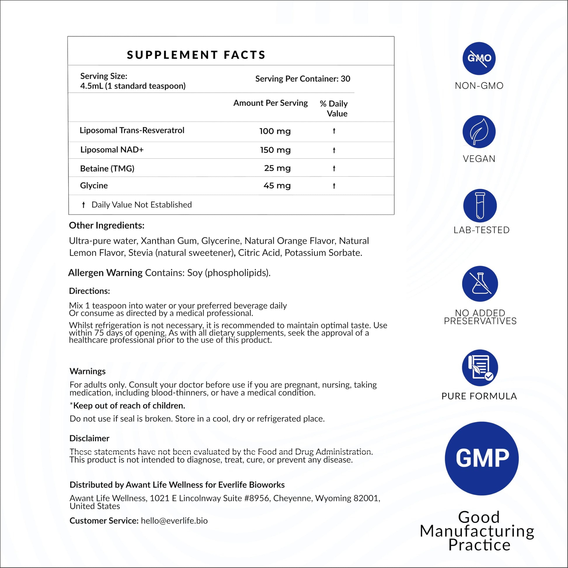 Everlife Liposomal NAD+ Liquid Supplement – 150mg Shot with Liposomal Trans-Resveratrol, TMG & Glycine – Boosts Energy, Cellular Repair, Healthy Aging & Longevity – NMNH Alternative – 30 Servings Everlife buy supplements canada