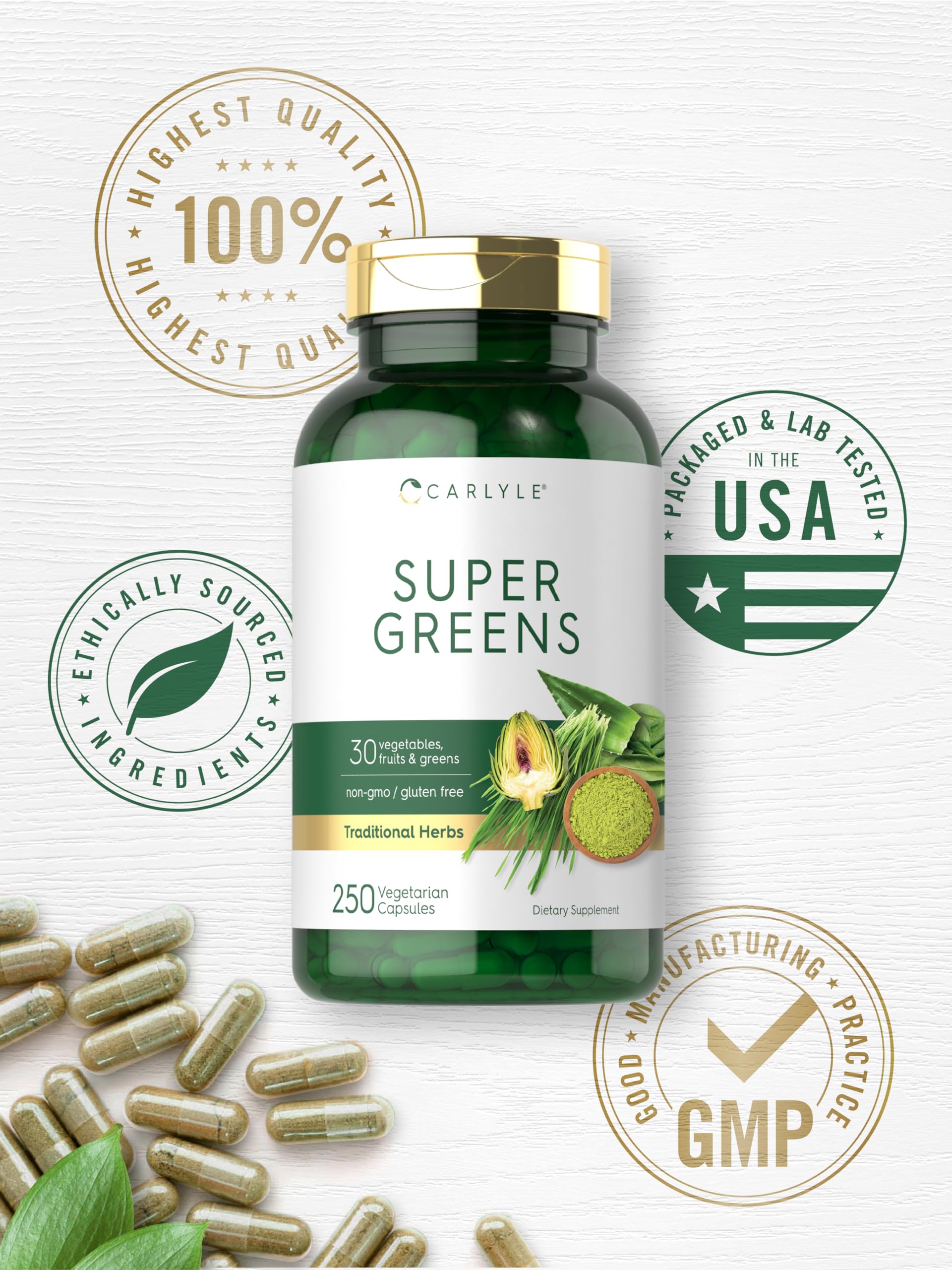 Carlyle Super Greens Capsules | 250 Count | Blend of 13 Vegetables and Greens Plus 17 Fruits | Non-GMO & Gluten Free Supplement Carlyle buy supplements canada