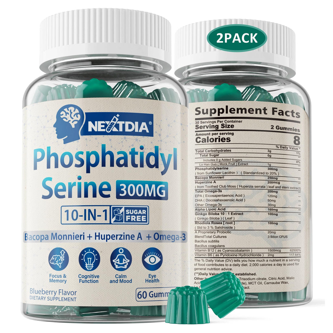 Phosphatidylserine - Nootropic Brian Supplement, Focus & Energy Gummies+ Bacopa Monnieri, Omega 3, Huperzine A, Methyl B12 & B6 for Seniors, Gamers, Workers, Non-GMO, Caffeine-Free, Sugar Free, 2 Pack Nextdia buy supplements canada