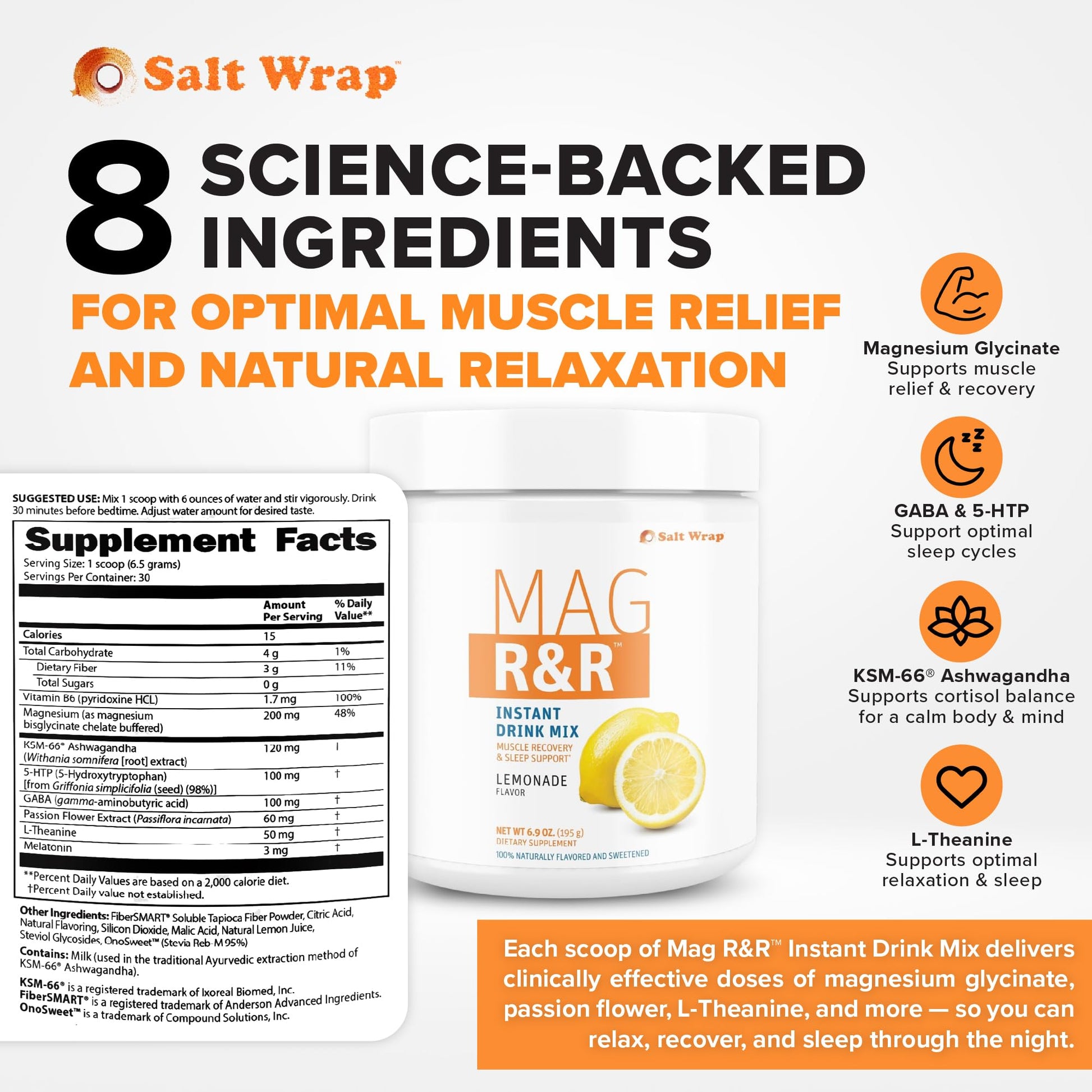 SaltWrap Mag R&R Instant Drink Mix - Sugar-Free Nighttime Magnesium Glycinate Powder with Stevia & FiberSMART® - Muscle Cramp & Leg Cramps Relief, Sleep & Relaxation Support - 30 Servings SaltWrap buy supplements canada