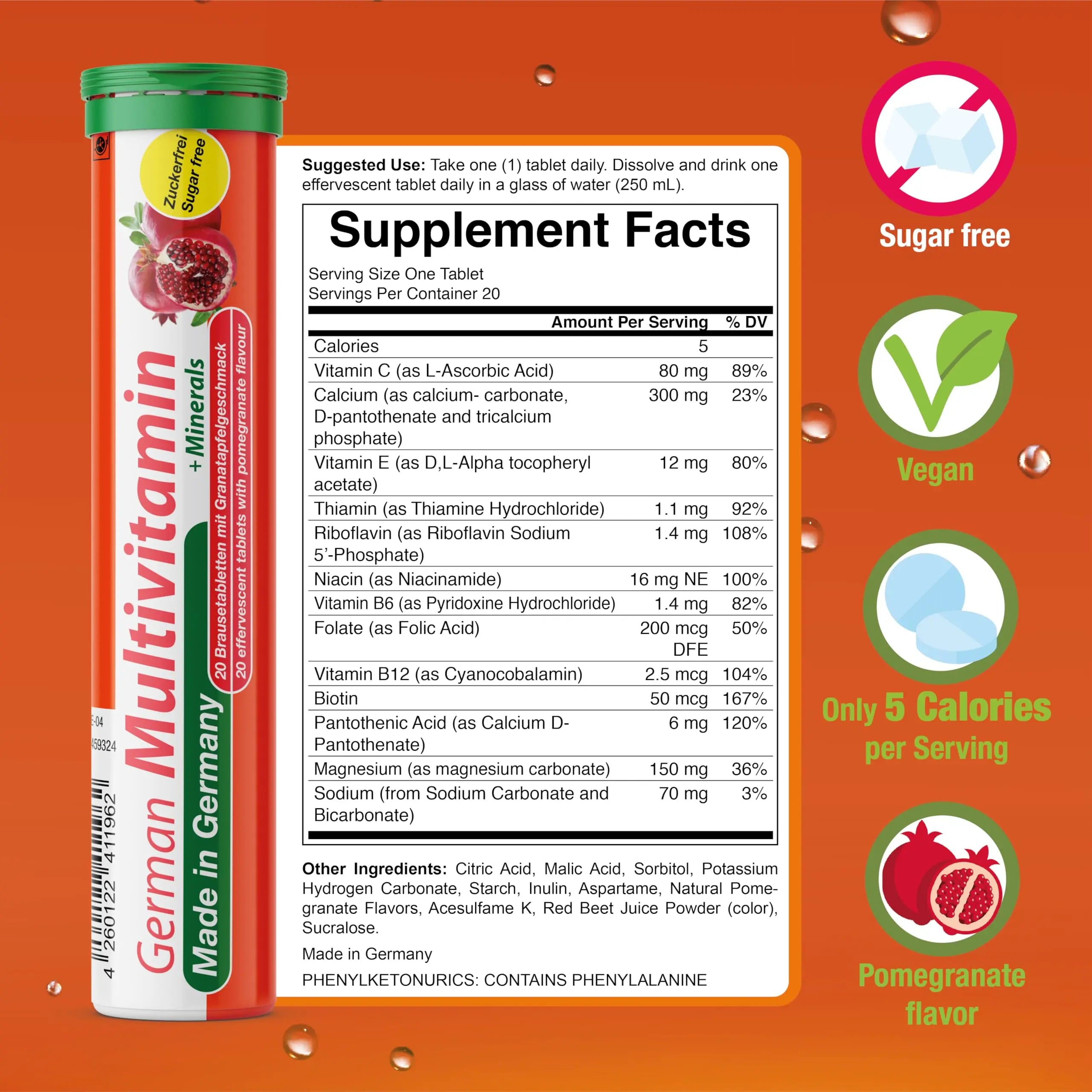 T&D German Multvitamin + Minerals 10 Vitamins 2 Minerals - 100 Vegan Drink Effervescent Tablets - Pomegranate Flavor T&D buy supplements canada