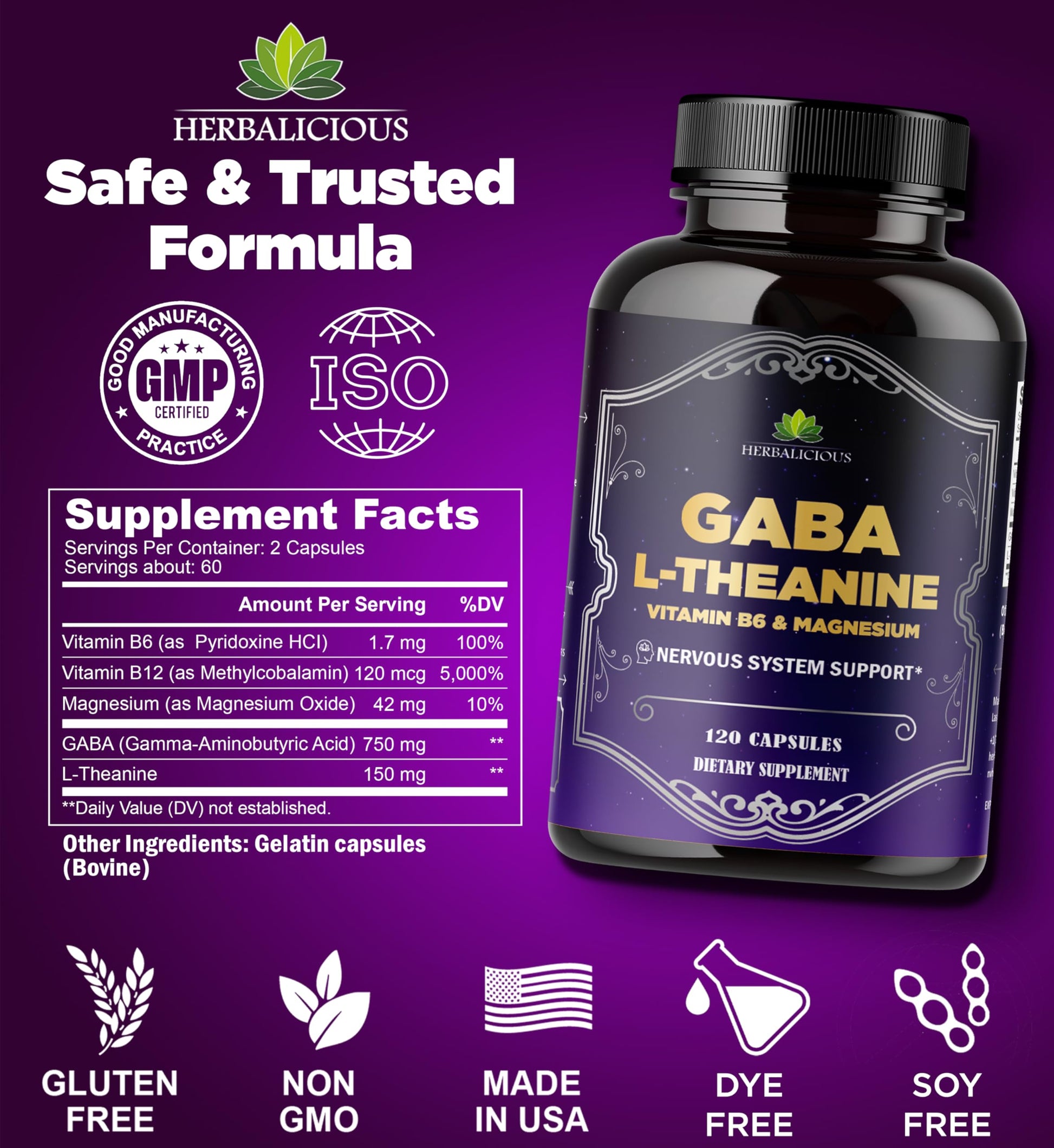 HERBALICIOUS GABA L-Theanine with Magnesium – Calm & Focus Support, Stress Relief, Relaxation + Mood Balance, Brain & Memory Support Supplement – Vitamin B6 + B12 Complex – 120 Capsules HERBALICIOUS buy supplements canada