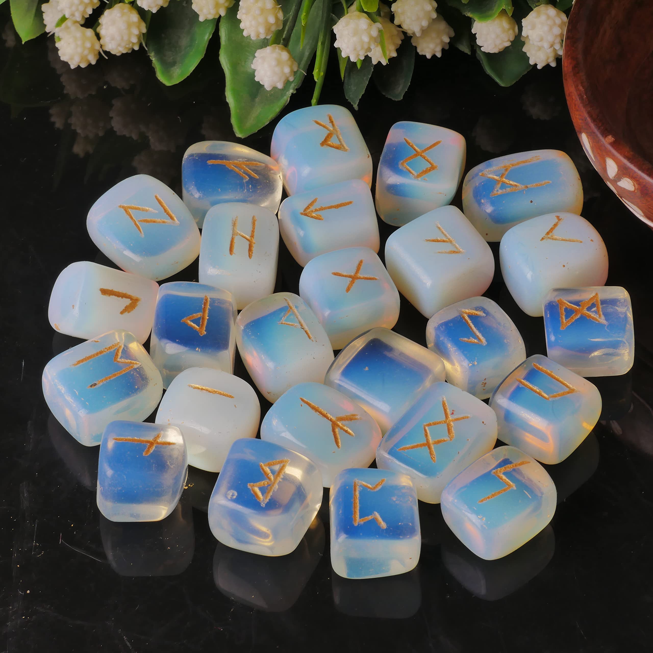 Opalite Rune Stone - Rune Set - Engraved Elder Futhark Alphabet Symbols - Witchcraft Crystals QUIPSA buy supplements canada