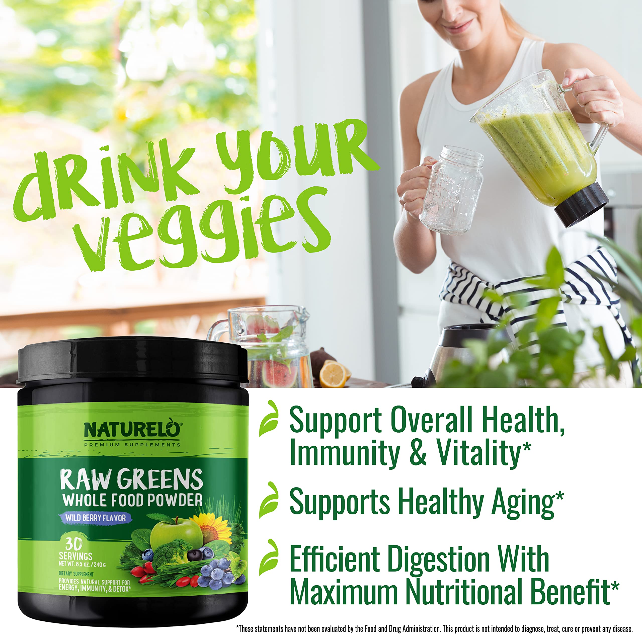 NATURELO Raw Greens Superfood Powder - Wild Berry Flavor - Boost Ener NATURELO buy supplements canada
