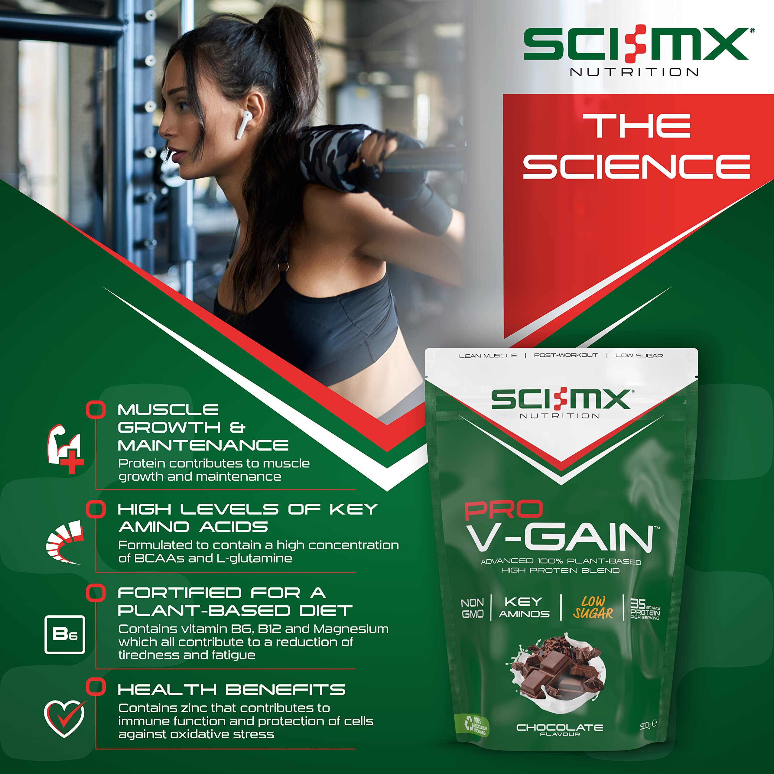 SCI-MX Pro V Gain 100% Plant Based Vegan Protein Formula With No Added Sugar - Chocolate Flavour - 900g - 20 SERVINGS SCI-MX buy supplements canada