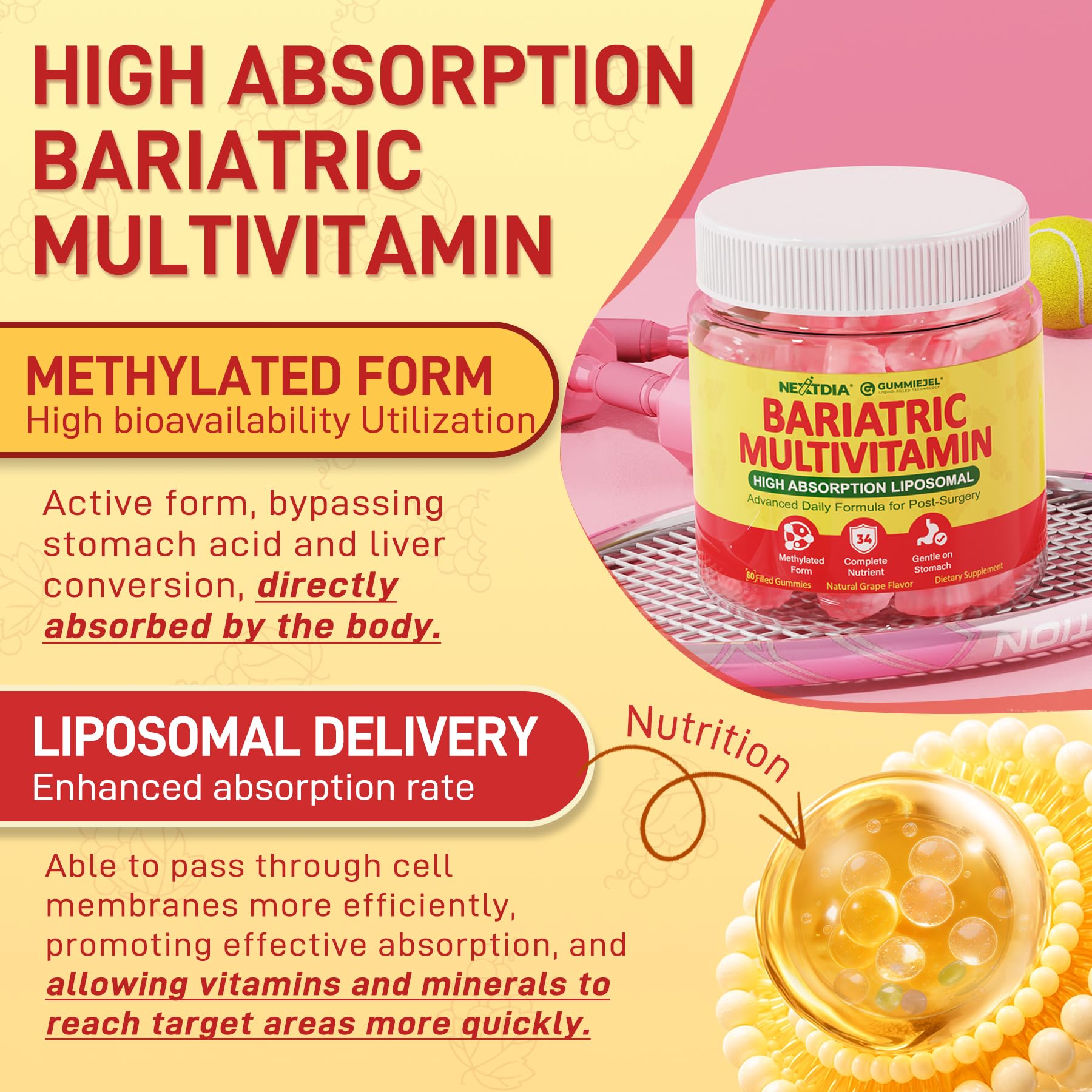 Liposomal Methylated Bariatric Multivitamin Gummies with Iron for Women & Men, High Absorption Multivitamin w/CoQ 10, Probiotic, Digestive Enzymes Support Gastric Bypass & Sleeve Recover, Energy,1Pack Nextdia buy supplements canada