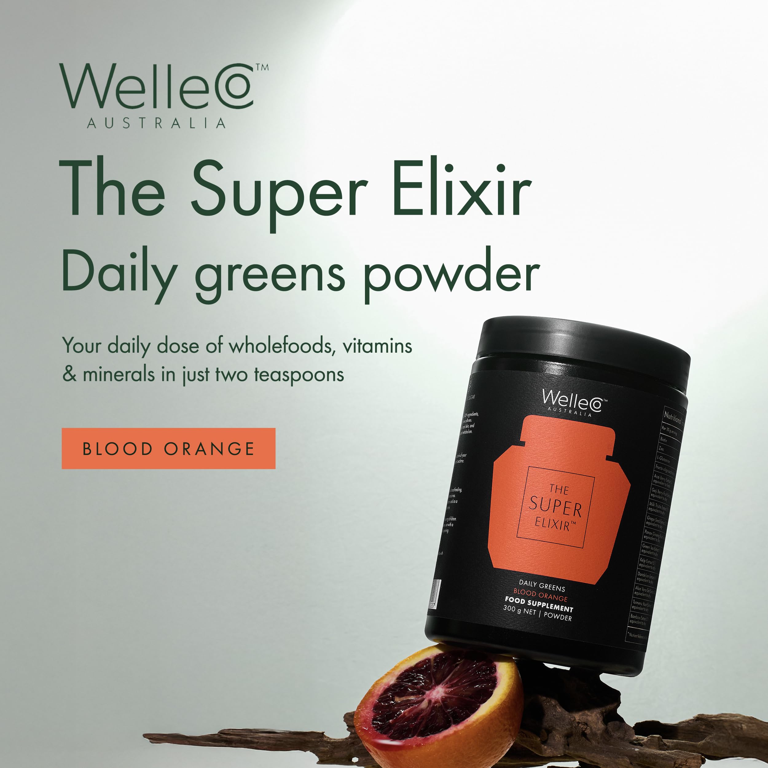 WelleCo The Super Elixir Daily Greens Powder, Probiotic Drink Mix with Whole Foods, Gluten Free, Vegan Gut Health Powder, Energy, Immunity, Healthy Skin, Hair & Nails (Jar, Blood Orange) WelleCo buy supplements canada