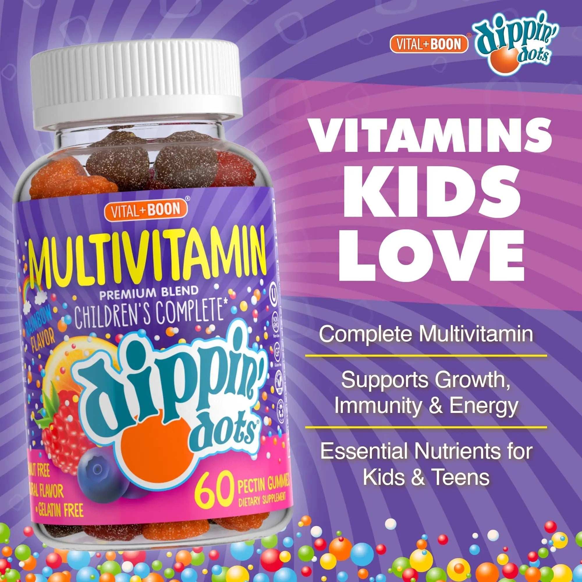 Dippin' Dots - Multivitamin Gummies for Kids Rainbow Fruit Flavor Complete Multivitamin Chewy Gummies Vitamin A, B, C, D3, E, B6, Zinc - 60 Count Vital+Boon buy supplements canada