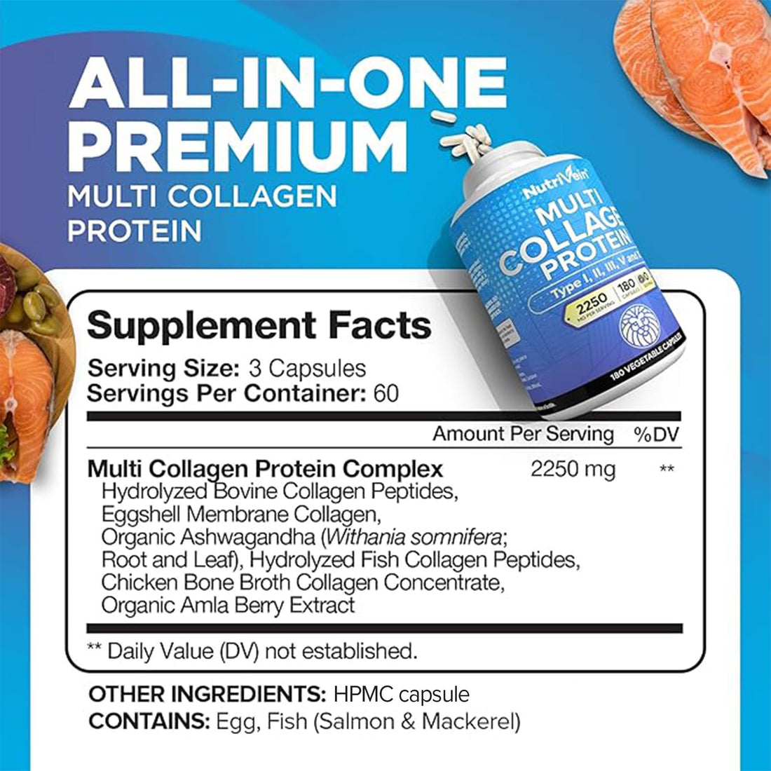 Nutrivein Premium Multi Collagen Pills 2250 mg - 180 Easy-to-Swallow Collagen Capsules: Type I, II, III, V, X Hydrolyzed Protein Peptides for Women and Men Nutrivein buy supplements canada