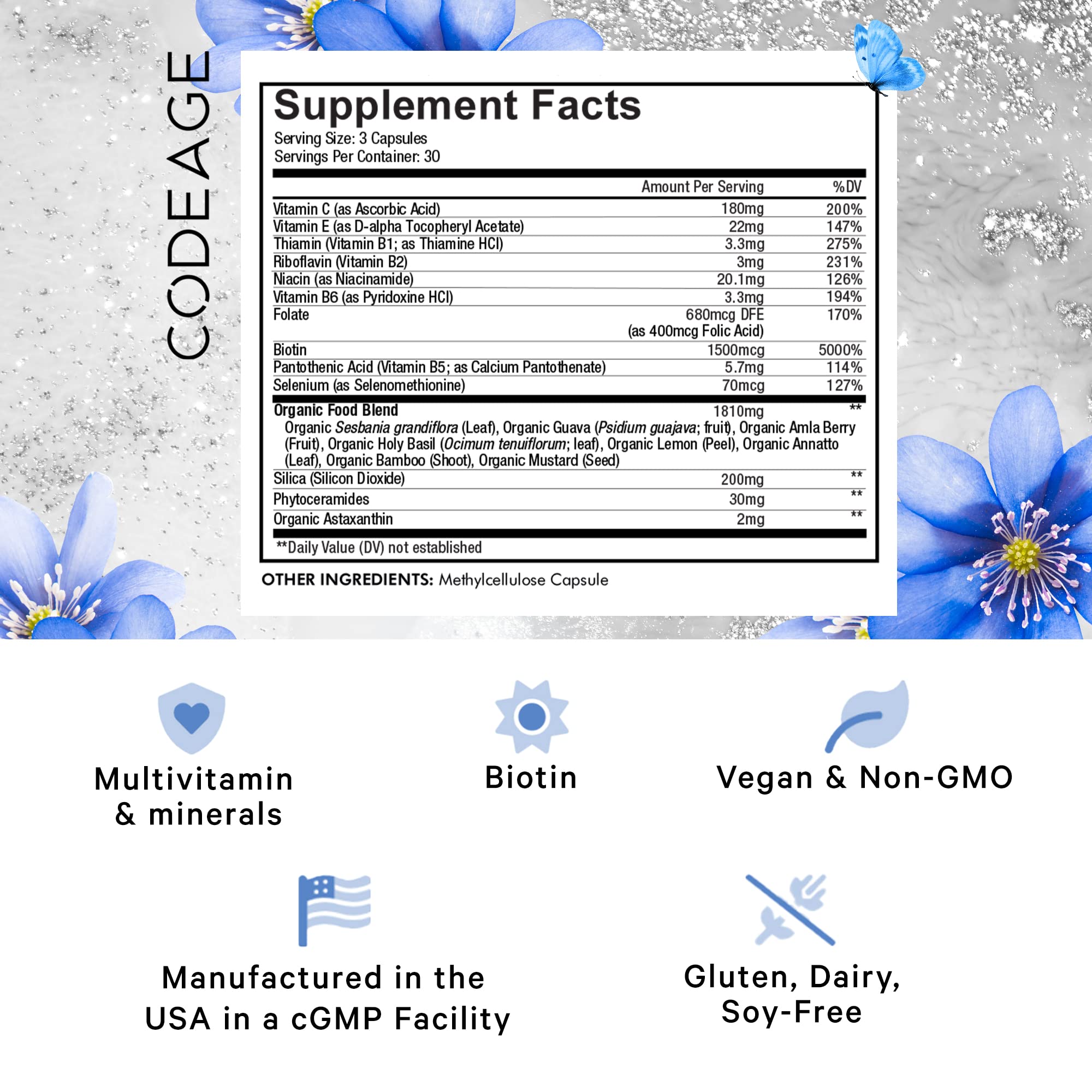 Codeage Biotin Supplement with Vitamin C, Vitamin E, Vitamin B6, Niacin, Folate, Organic Food Blend, Phytoceramides, Astaxanthin, Selenium - Beauty Tonic - Hair, Skin, and Nail Support - Vegan, 90 Ct Codeage buy supplements canada