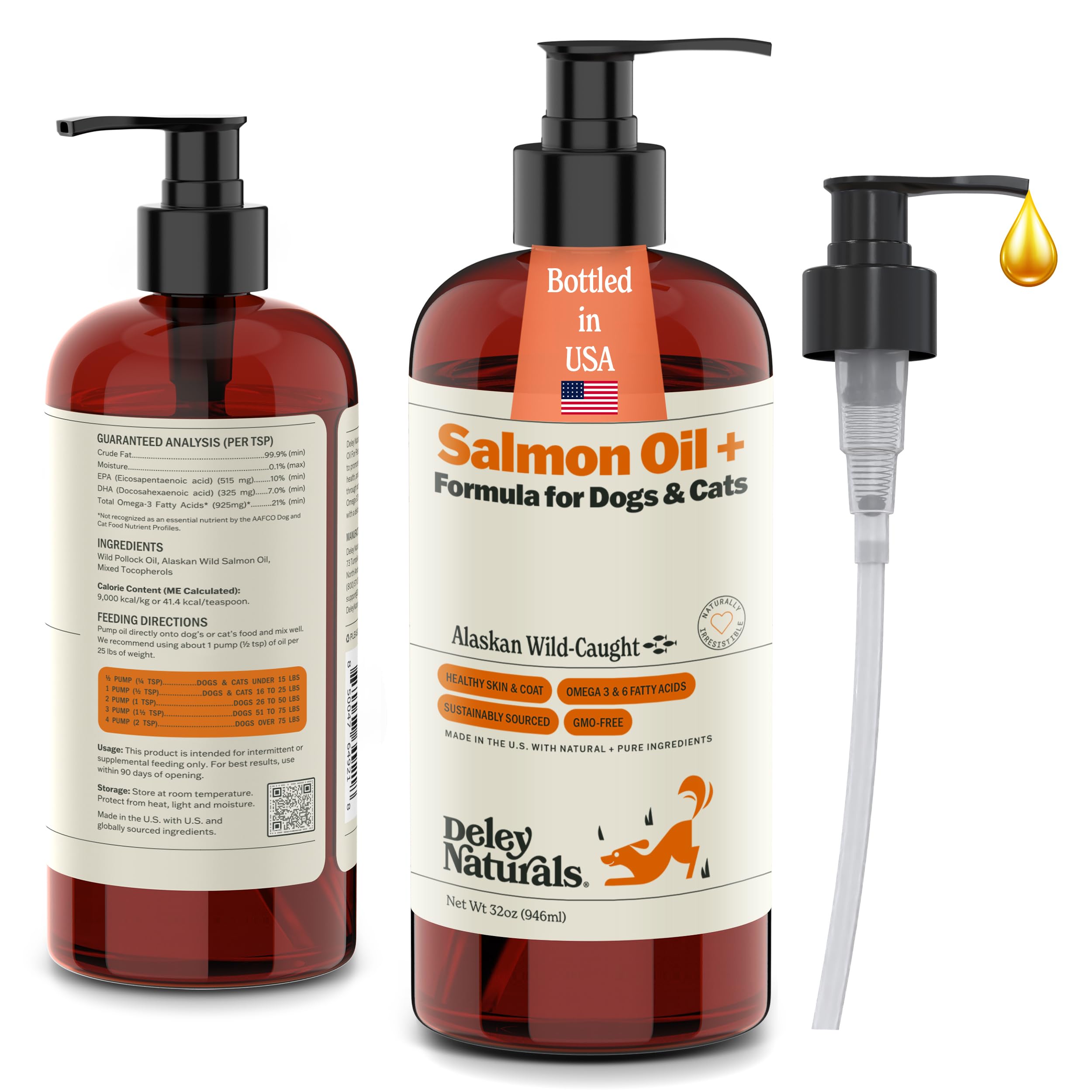 Deley Naturals Wild Alaskan Salmon Oil for Dogs & Cats - New and Improved Salmon Oil Plus Formula - Fish Oil for Dogs with Omega 3, DHA and EPA - Omega 3 for Healthy Skin and Coat - 32oz Made in USA Deley Naturals buy supplements canada