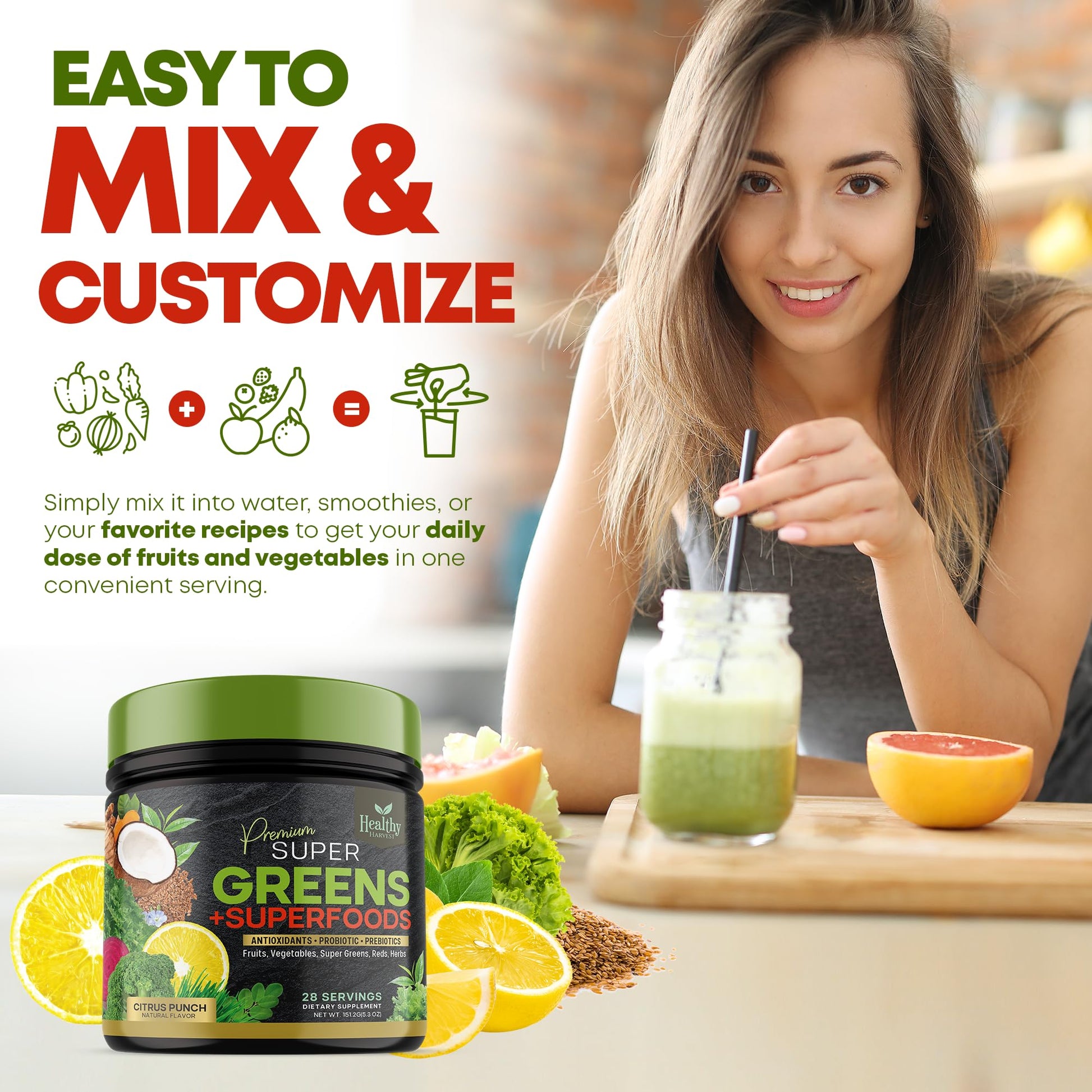 Greens Powder Superfood Supplement - Super Green Reds Smoothie Mix Blend with Spirulina Healthy Harvest Nutrition buy supplements canada