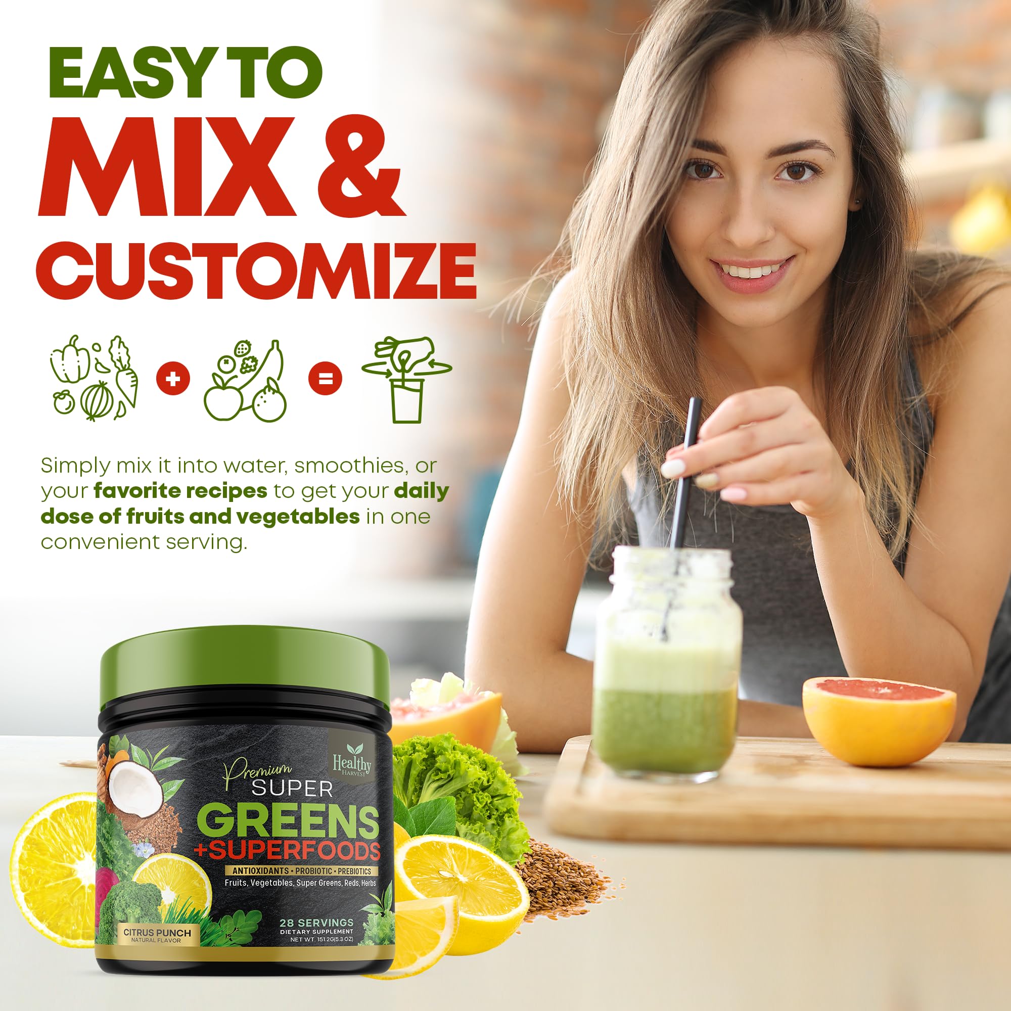 Greens Powder Superfood Supplement - Super Green Reds Smoothie Mix Blend with Spirulina Healthy Harvest Nutrition buy supplements canada