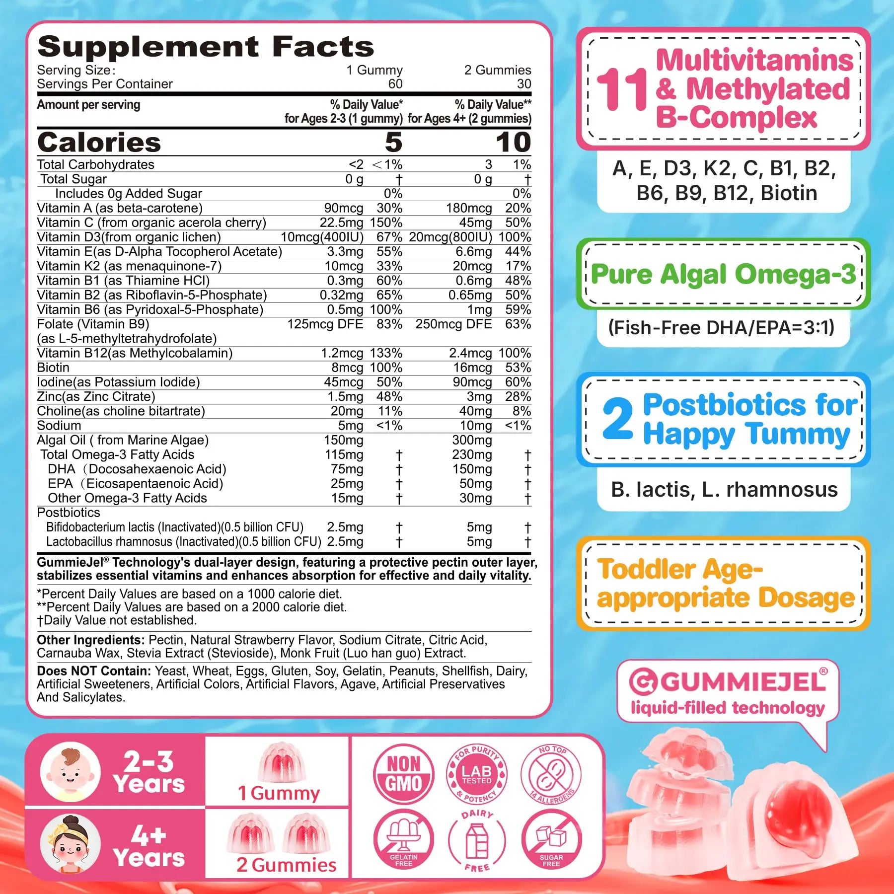 Organic Toddler Multivitamin Gummies + Omega-3 (DHA/EPA), Postbiotics | kids 2+ multivitamin | Vitamins A C D3 Methyl B12 Folate Zinc EnvyCure buy supplements canada